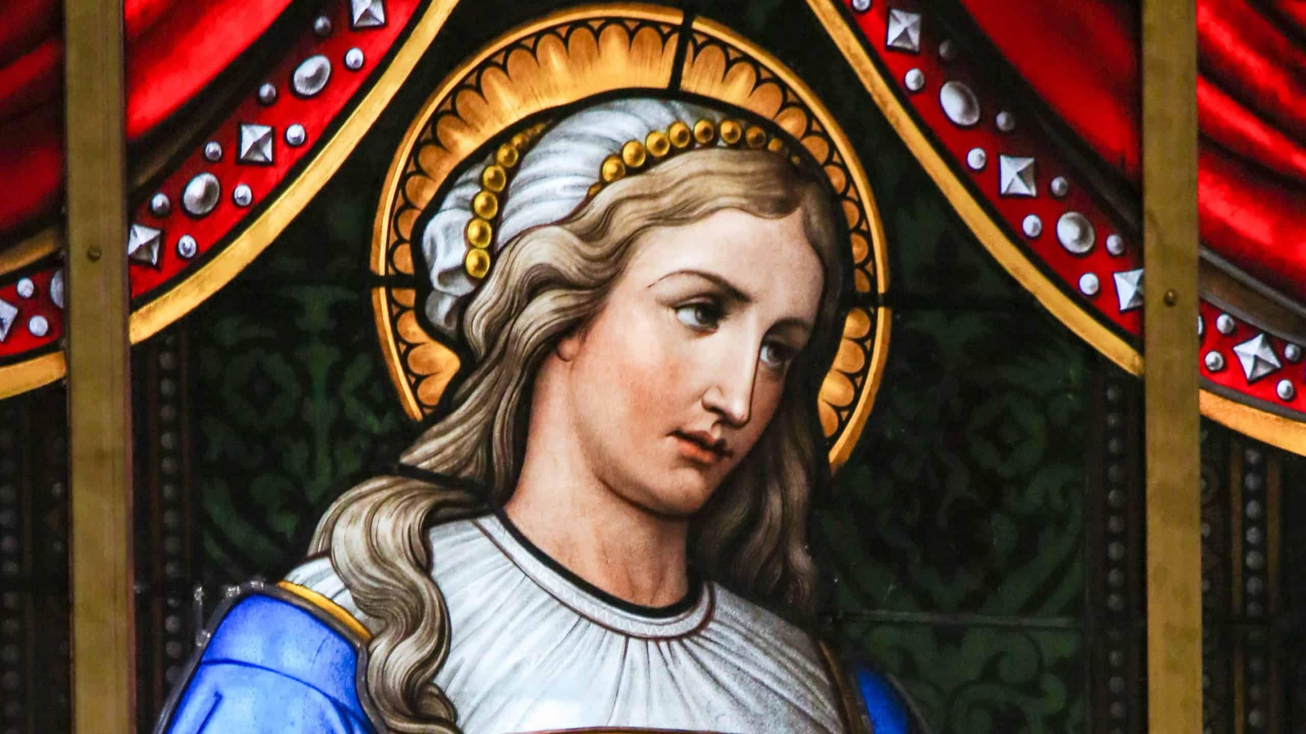 Stained Glass in Saint Nicholas Church, Ghent, Belgium, depicting Mary Magdalene and an Allegory on the Suffering of Jesus