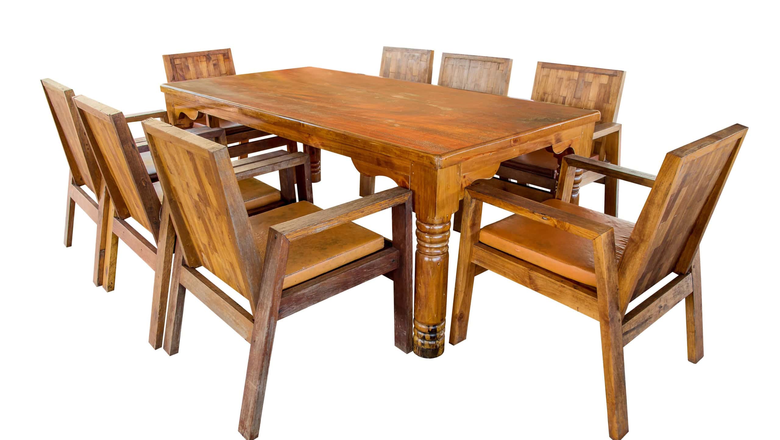 Wooden dining table set isolated on white background, work with clipping path.
