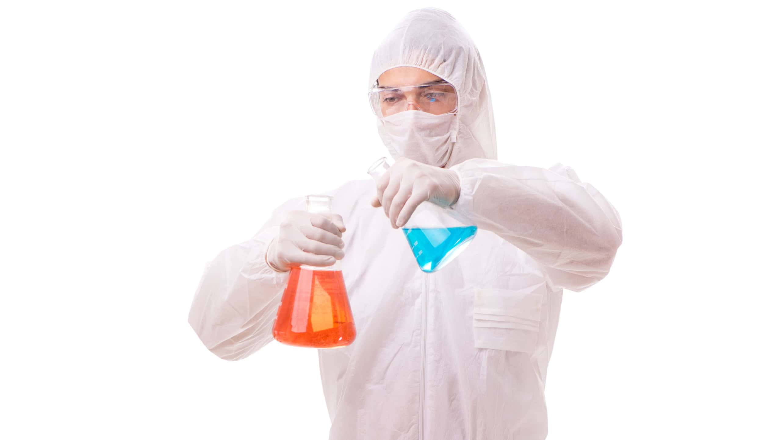 Chemist working with radioactive substances isolated on white ba