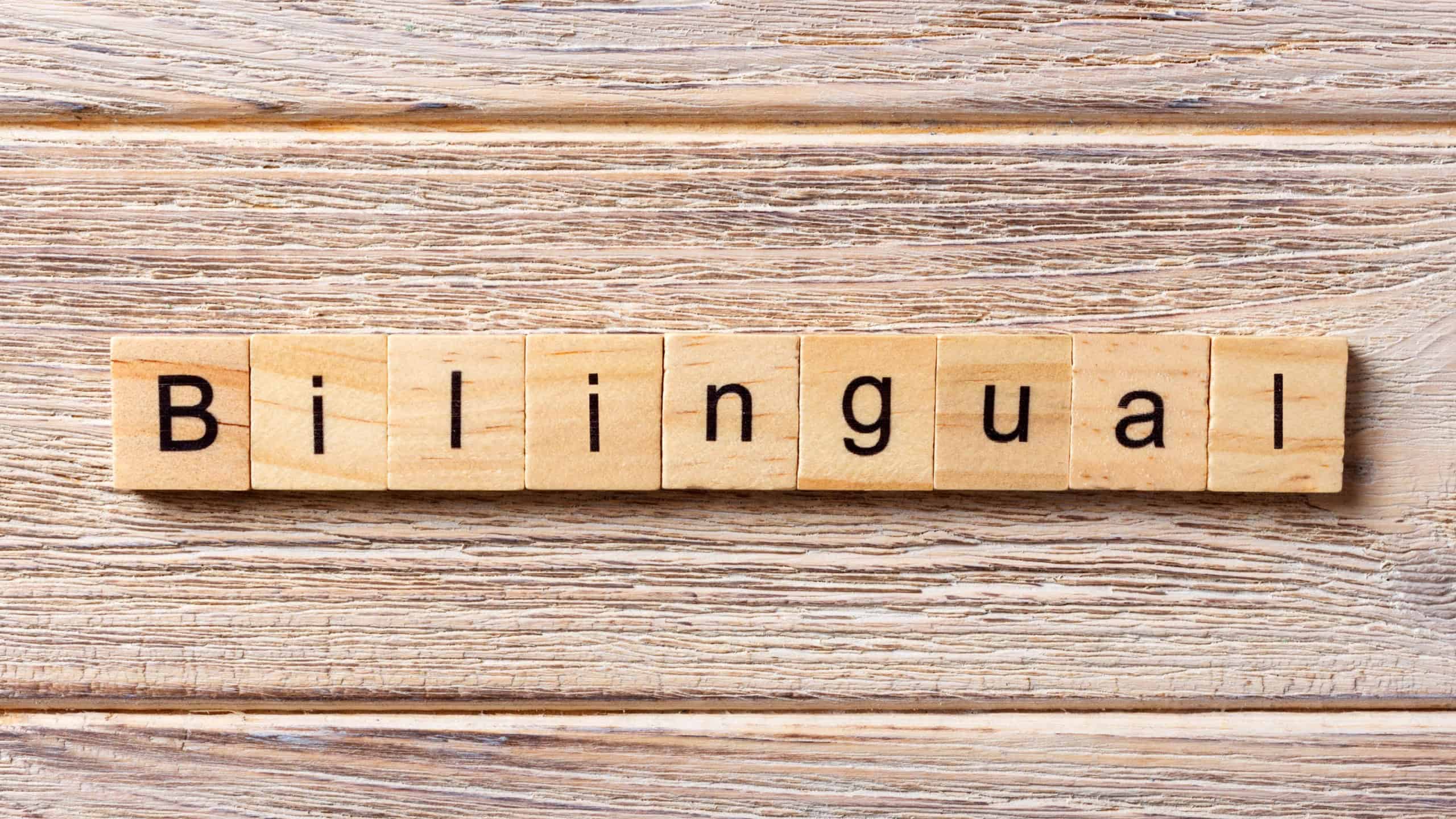 Bilingual word written on wood block. bilingual text on table, concept.