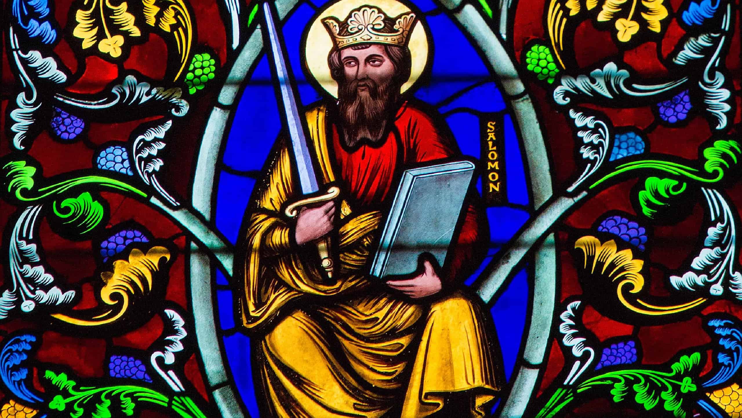 Bayeux, France - February 12, 2013: Stained Glass window depicting Solomon (also known as Jedidiah), in Bayeux, Calvados, France.