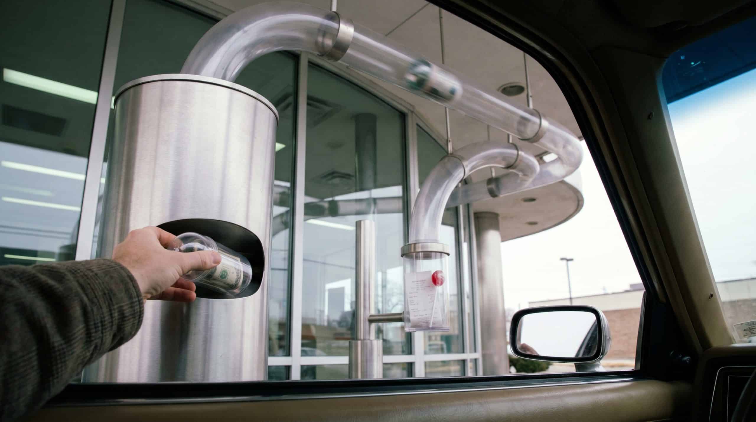 drive-thru deposit at a bank through a tube