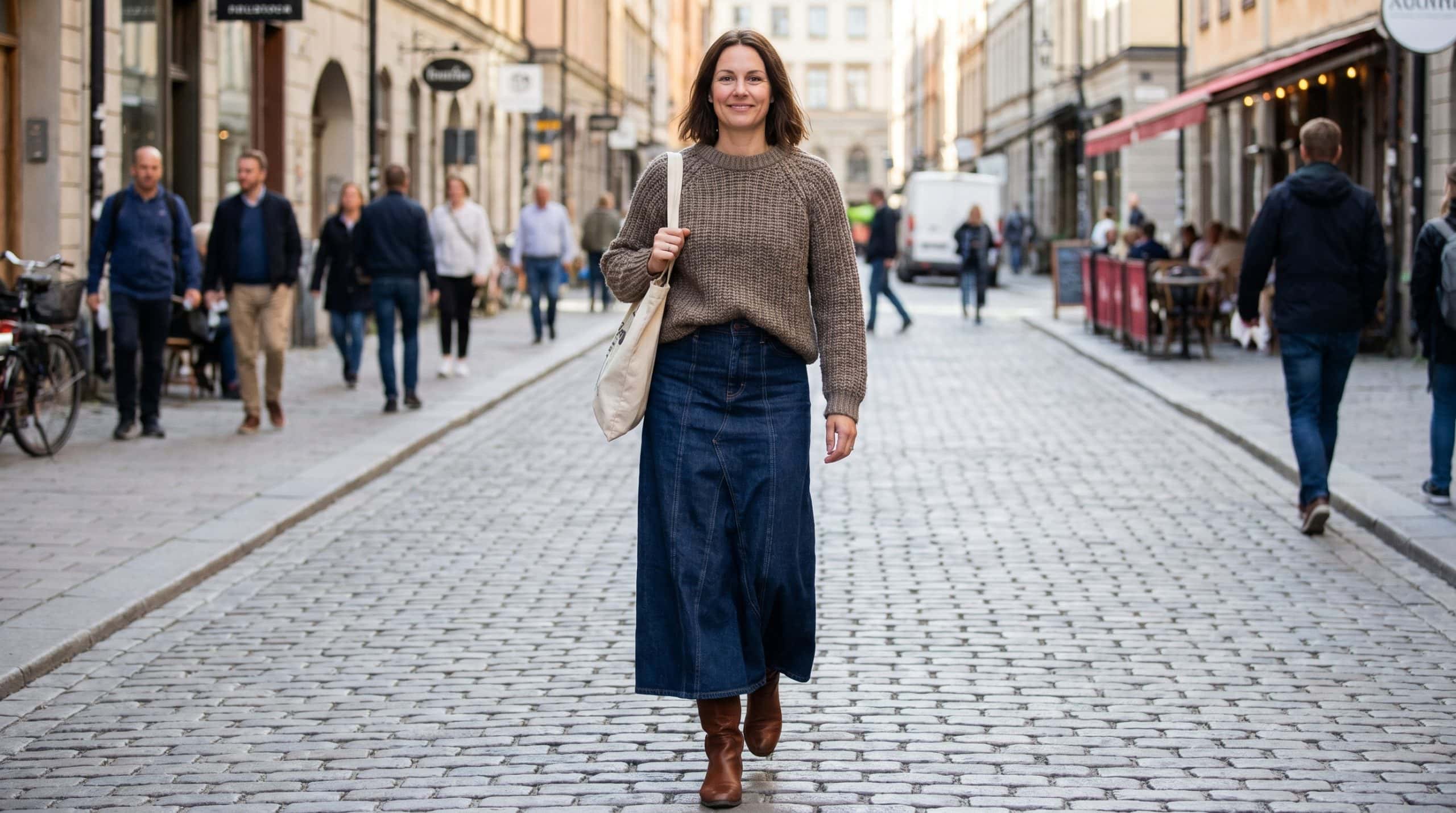 a woman wearing a long denim skirt