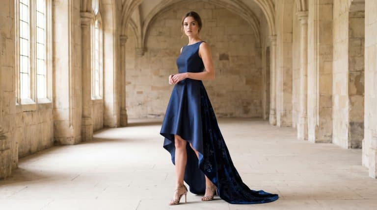 a woman wearing a high-low dress