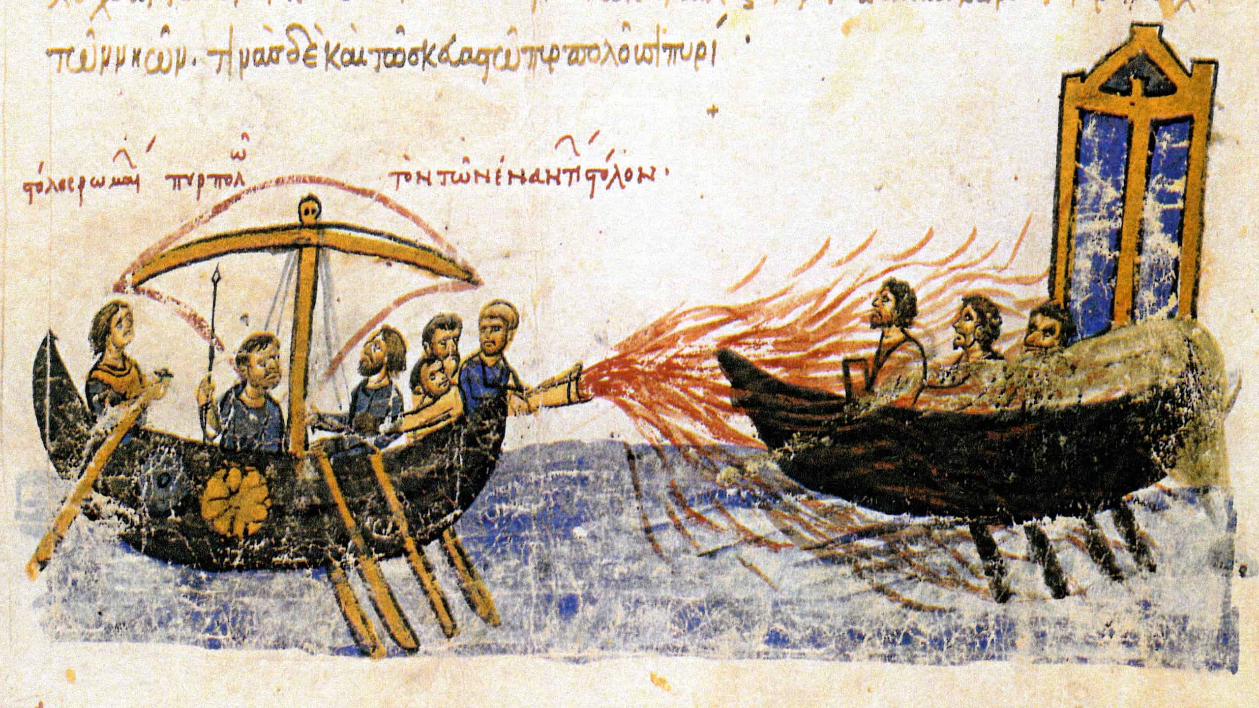 Image from an illuminated manuscript, the Madrid Skylitzes, showing Greek fire in use against the fleet of the rebel Thomas the Slav.