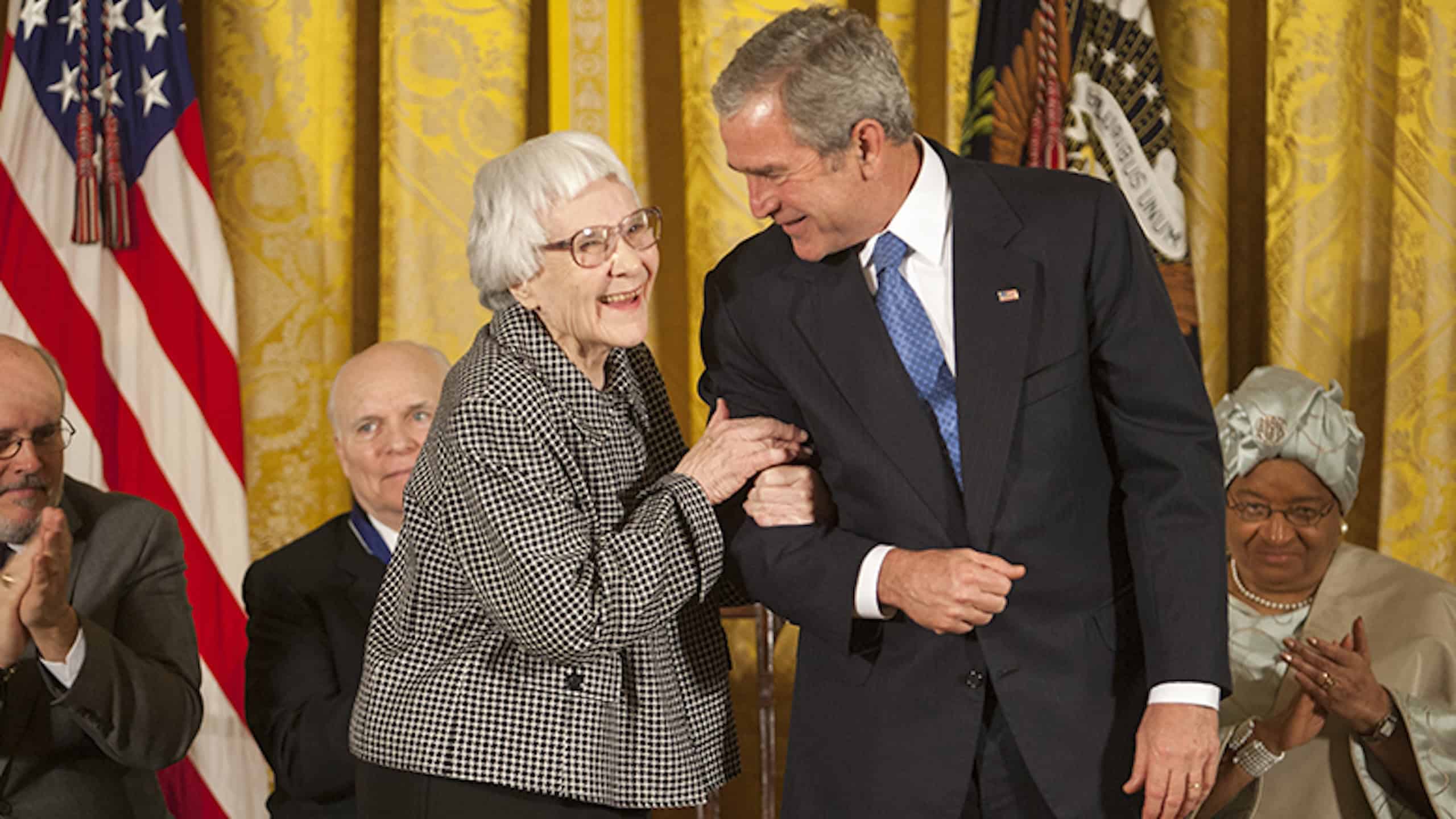 President George W. Bush shares a moment with author Harper Lee Monday, Nov. 5, 2007, prior to presenting her with the Presidential Medal of Freedom during ceremonies in the East Room of the White House. Photo by Eric Draper, Courtesy of the George W. Bush Presidential Library and Museum