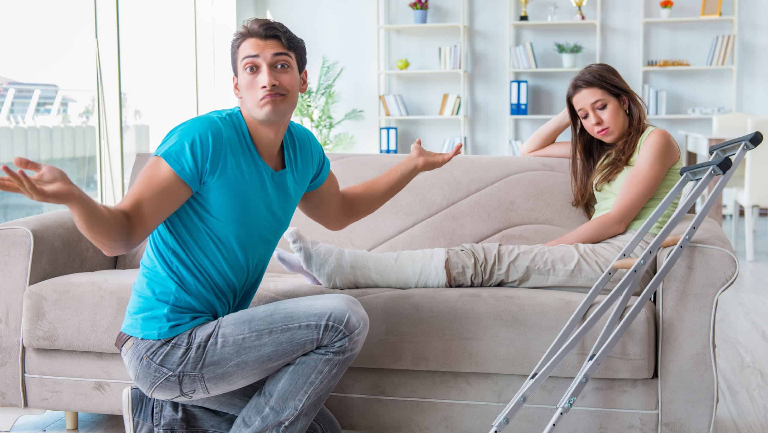 Husband man supporting injured wife