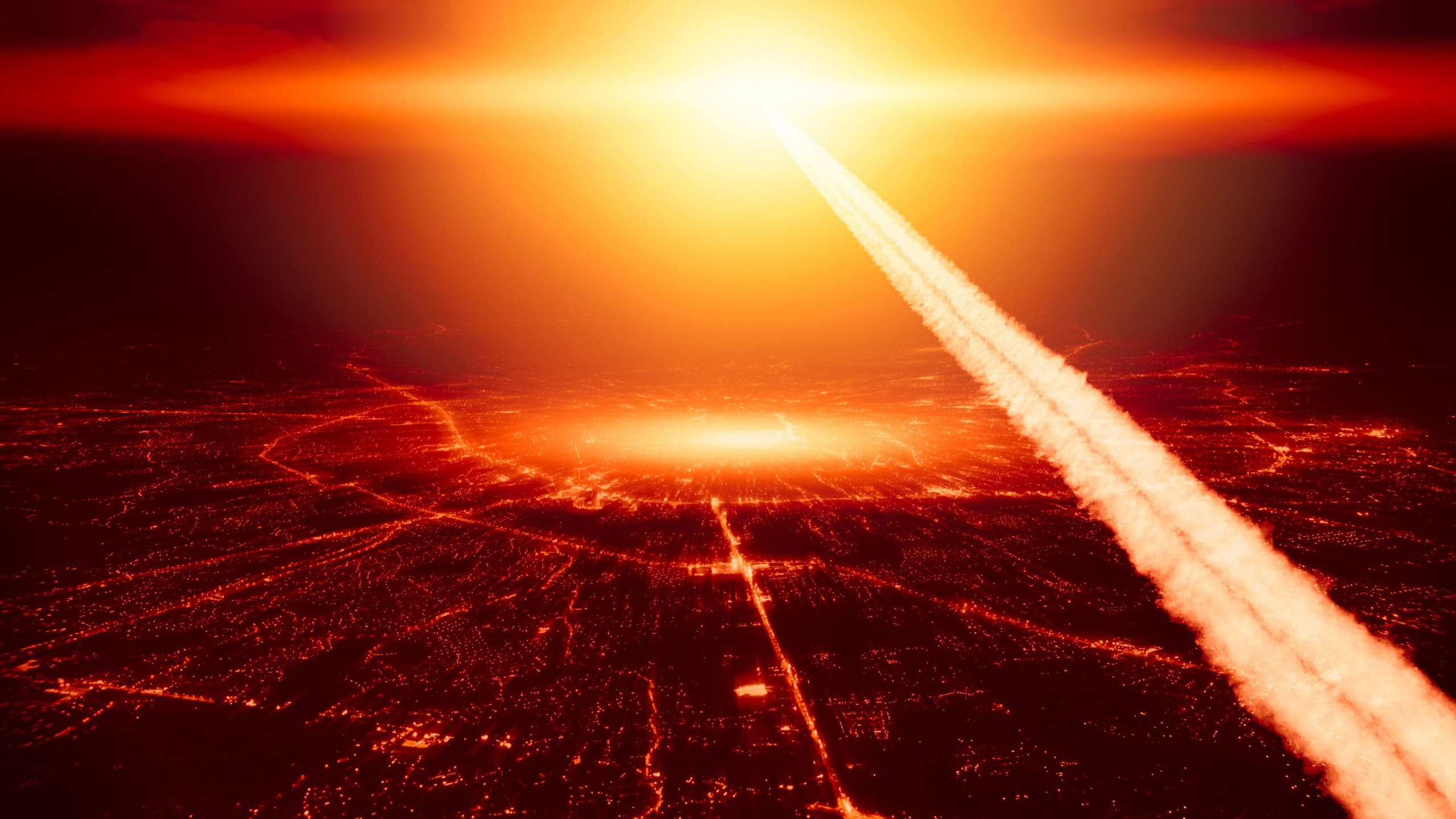 City destroyed by nuke nuclear bomb High altitude nuclear explosion missile explosive over the sky world war illustration concept.