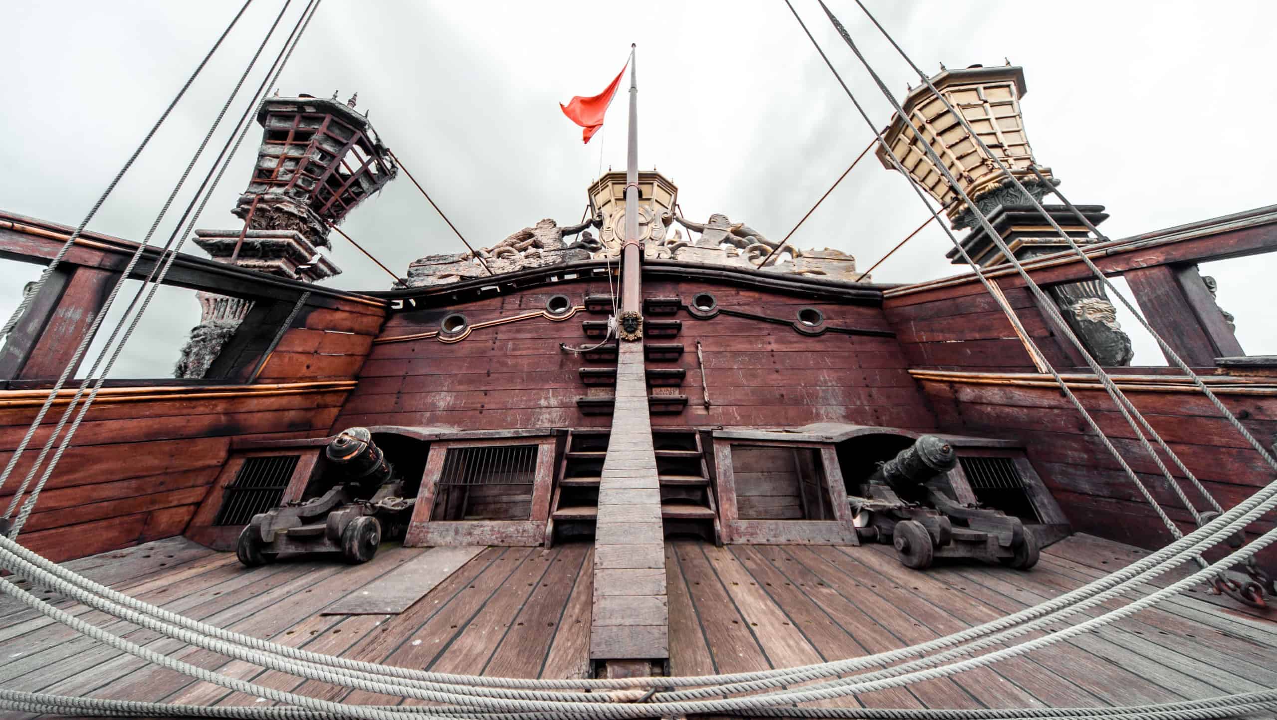 Detail of Galeone Neptune ship, tourist attraction in Genoa, Italy