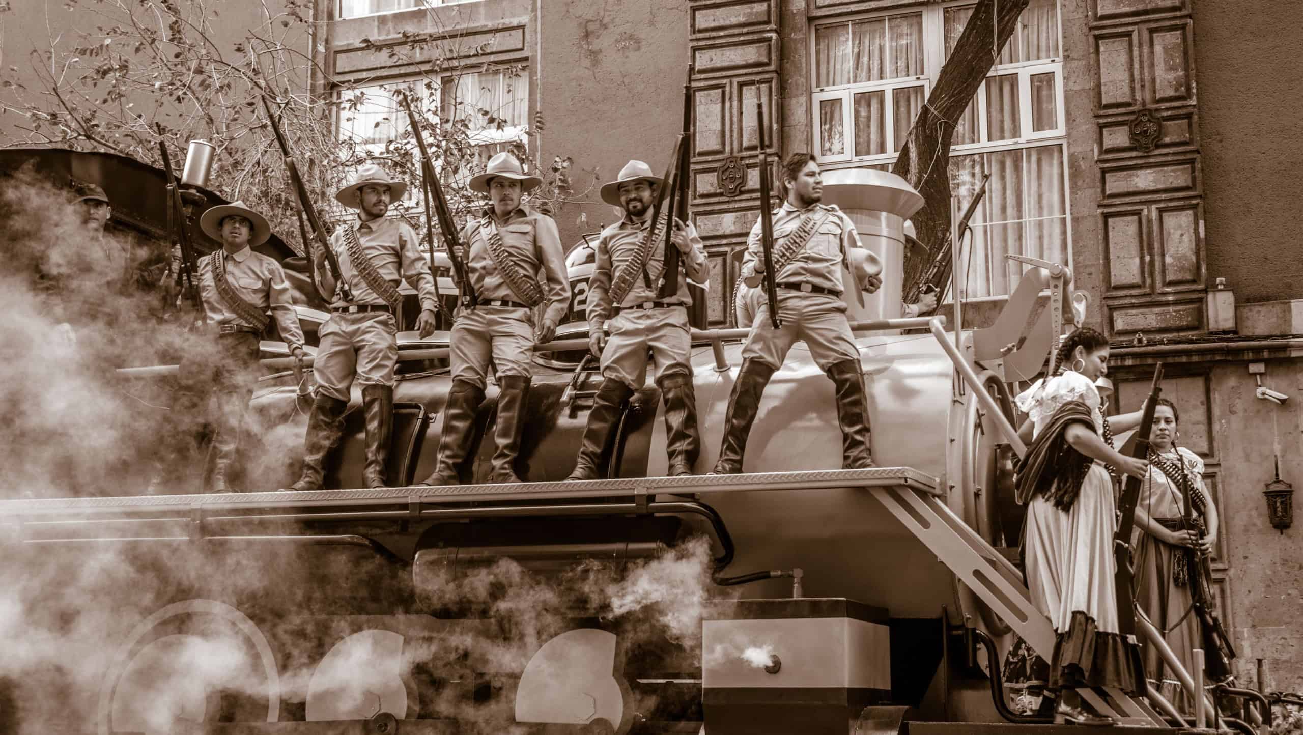 Mexico City, Mexico, 20-11-2019 Mexican Revolution parade on november 20 locomotives and historical figures from the battle of independence and revolution, Pancho Villa, adelitas, and soldiers