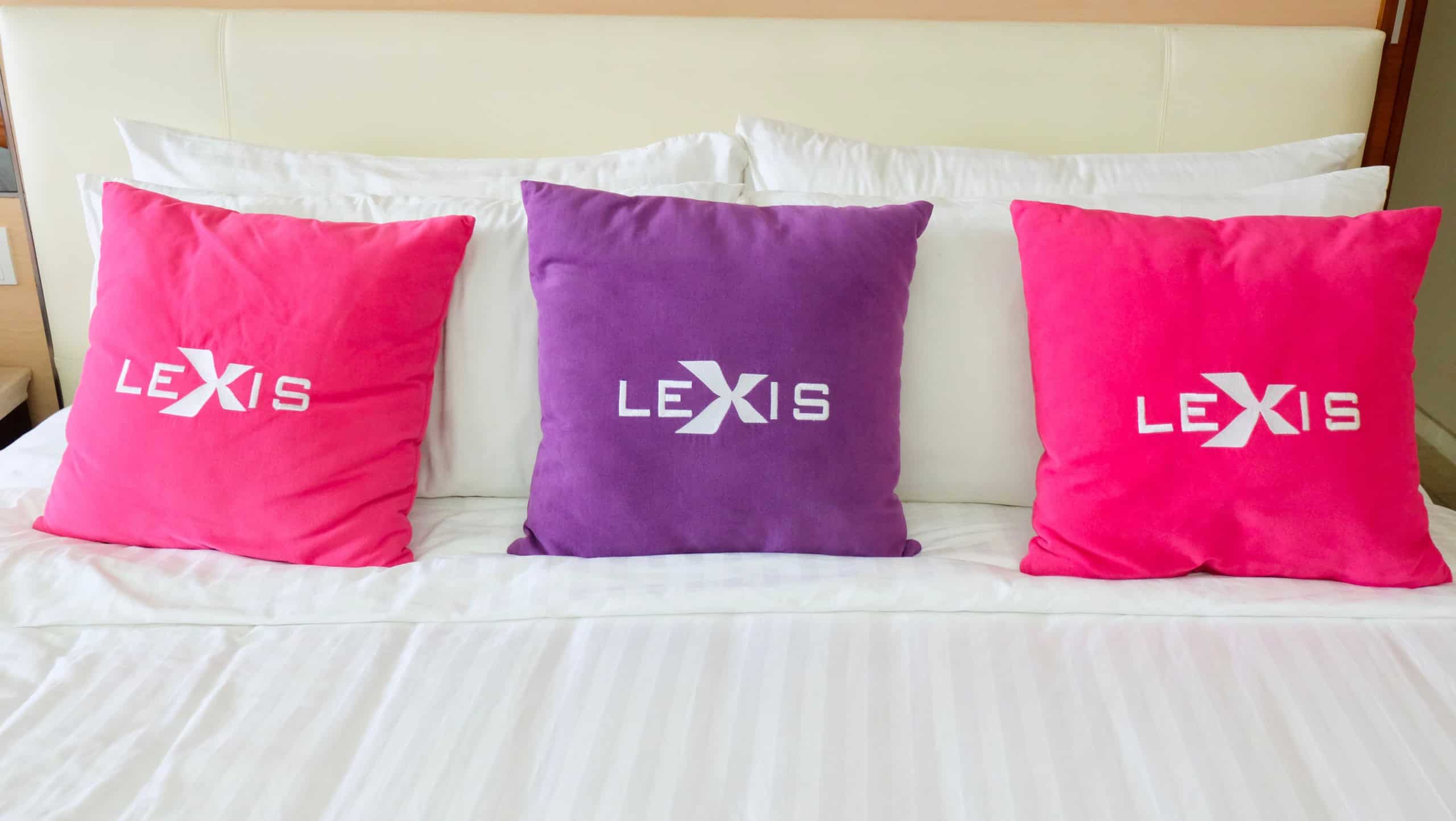 "Port Dickson, Malaysia- Circa December, 2019: A picture of Lexis brand pillow in their hotel. Lexis Hibiscus holding Guinness Book of Record for most private pool in the hotel."