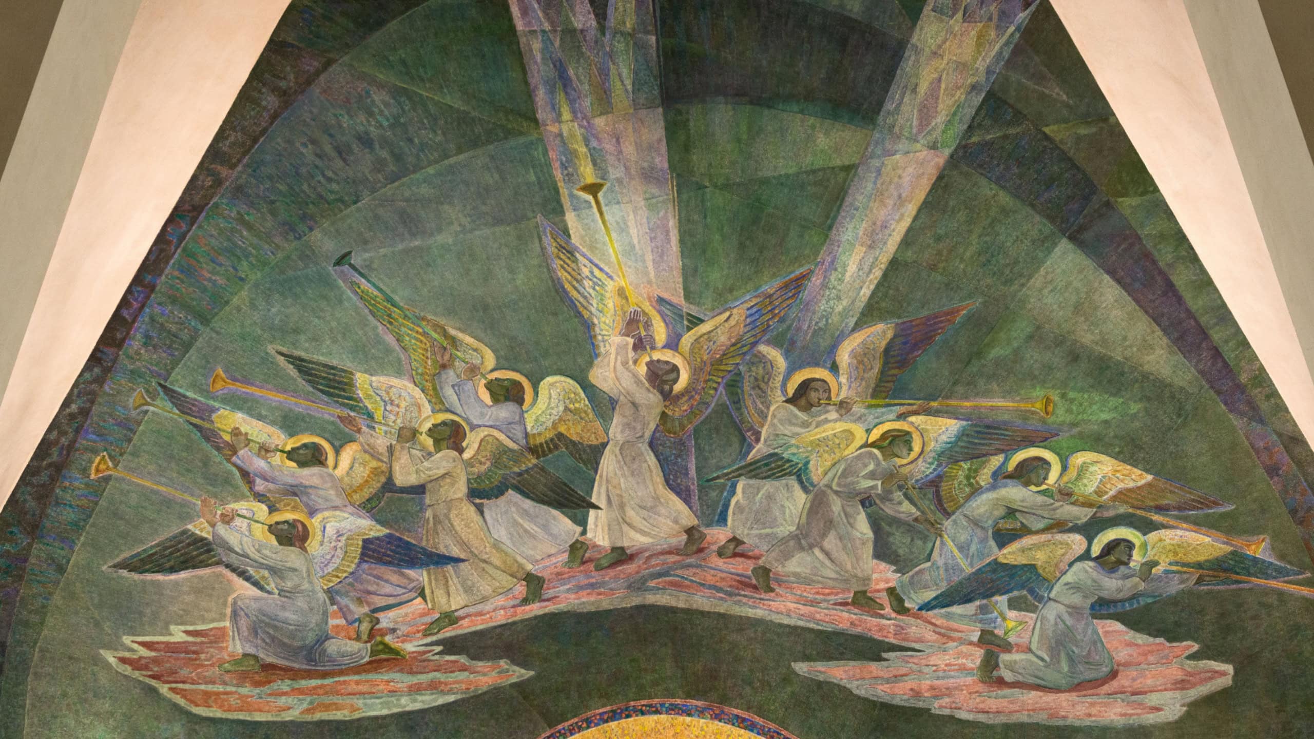 ROVANIEMI, FINLAND - CIRCA JUNE 2012: Detail of altar wall painting at Rovaniemi church in Lapland. Angels blowing trumpets at judgment day. Painted by Lennart Segerstrale.