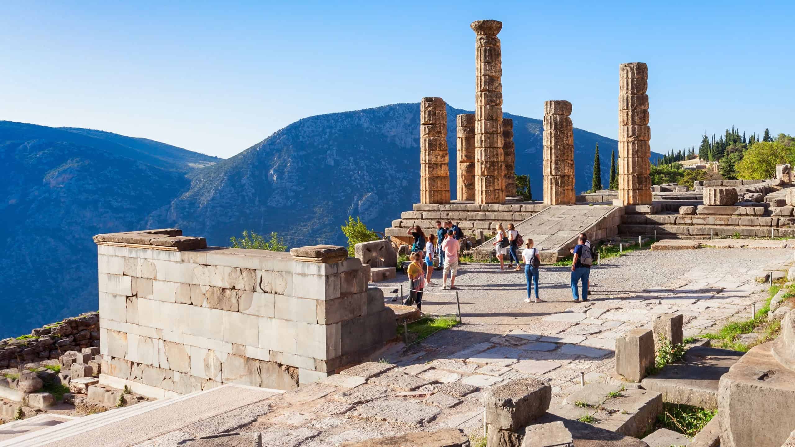 The Altar of the Chians and Temple of Apollo in Delphi. Delphi is ancient sanctuary that grew rich as seat of oracle that was consulted on important decisions throughout the ancient classical world.