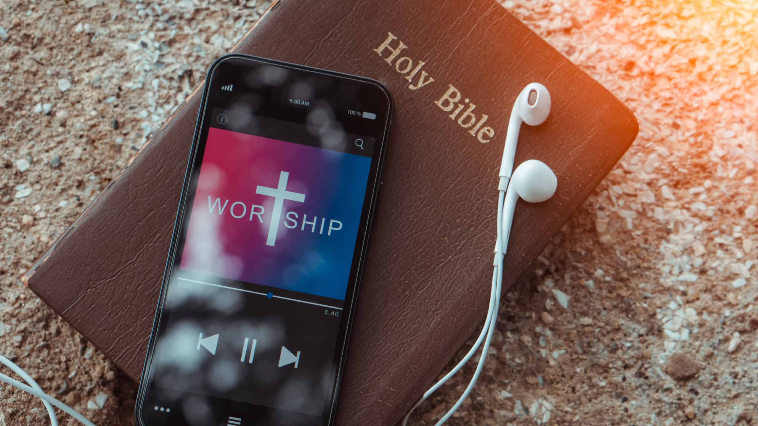 bible with phone and headphones,Concept listen worship song.