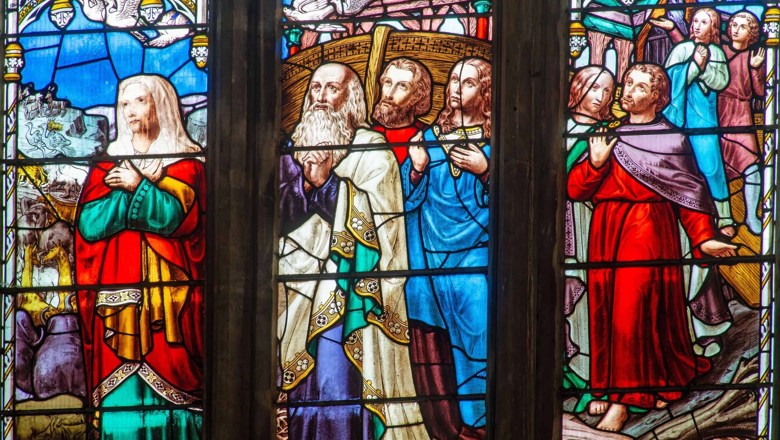 Gloucester Cathedral, Gloucestershire, UK, October 14th, 2021, This scene from the Great West window shows Noah and his family with birds and animals leaving the Ark after the great flood.