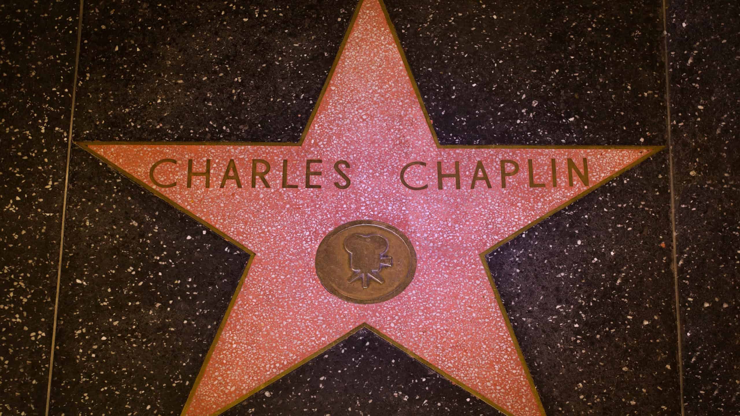 Charlie Chaplin's star on the Walk of Fame in Hollywood, California night exterior