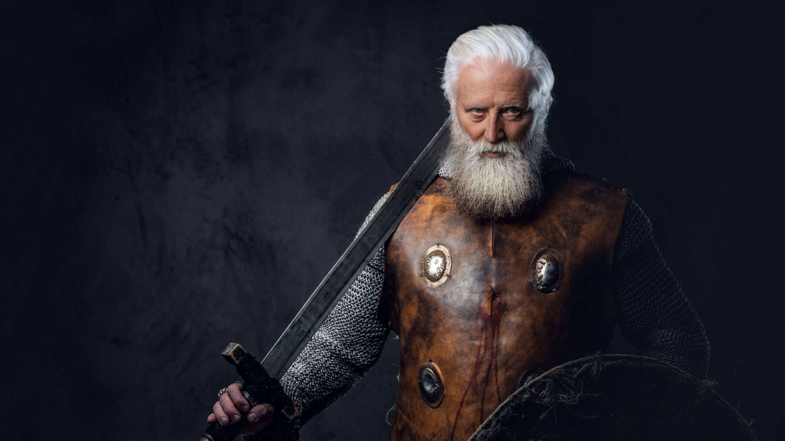 Portrait of gray haired old man with long beard holding sword and shield.