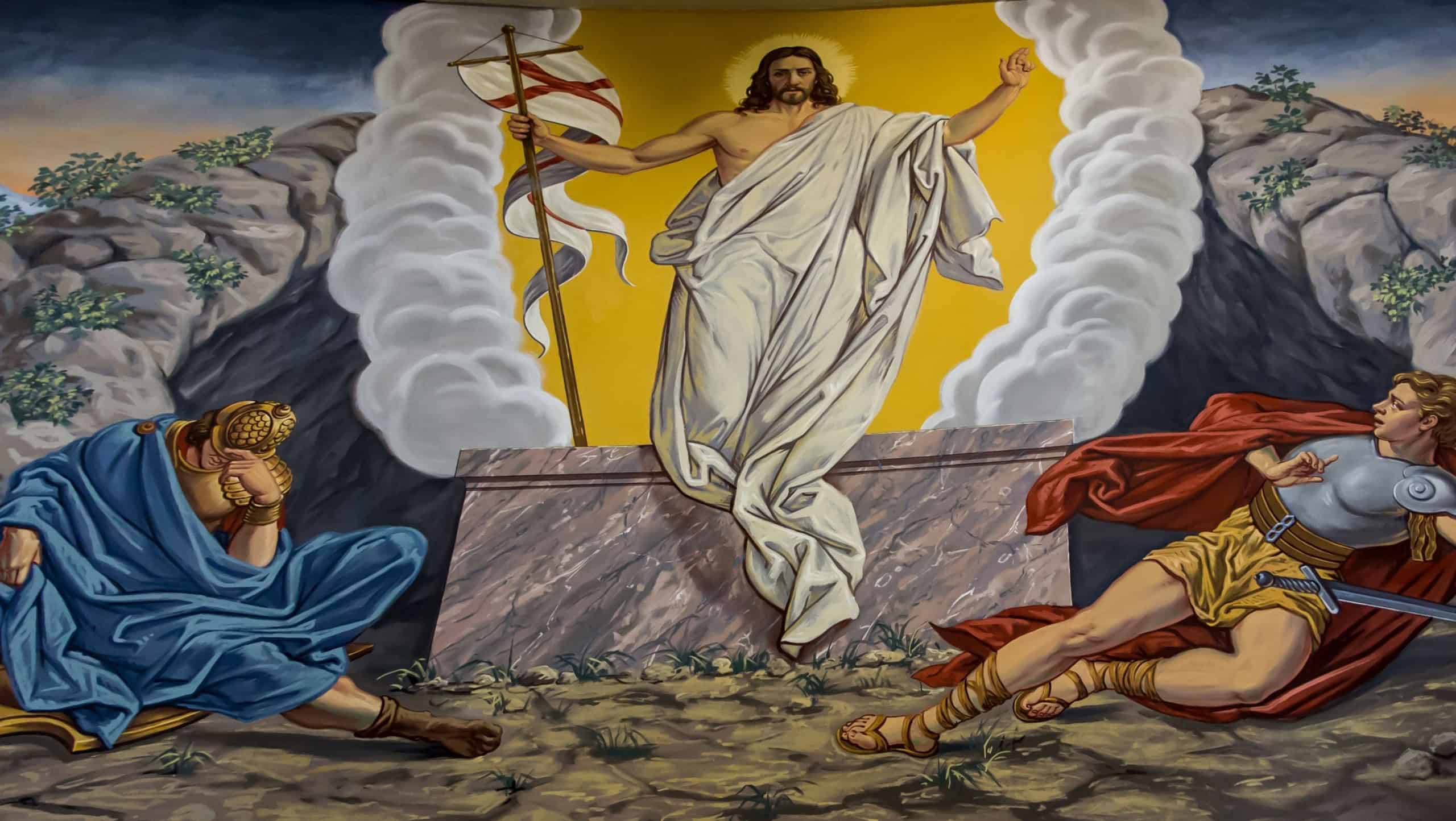 Torun, Poland, May 10, 2022: Inside the Sanctuary of the Blessed Virgin Mary, Star of the New Evangelization and St. John Paul II in Torun. A painting showing the resurrection of Jesus.