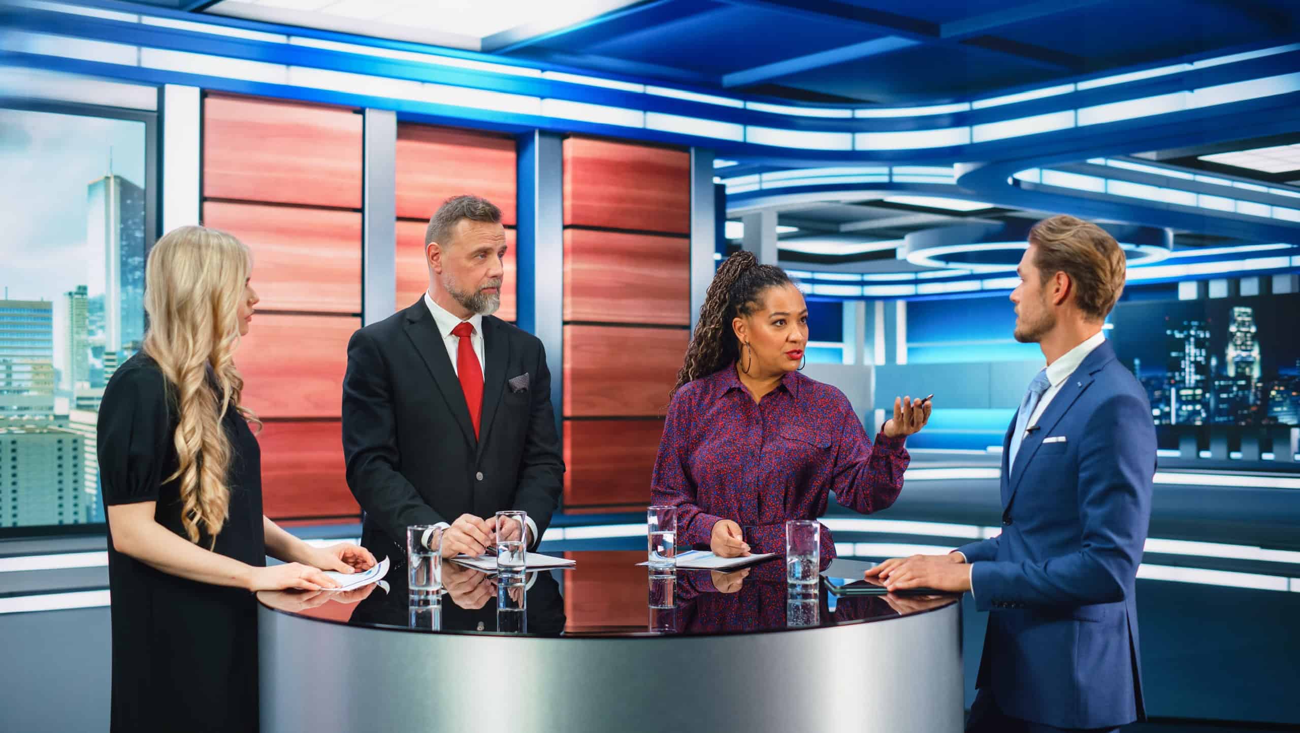 Talk Show TV Program: Four Diverse Specialists, Experts, Guests, Presenter, Host Discuss and Argue about Politics, Economy, Science, News. Mock-up Television Cable Channel Studio Debate