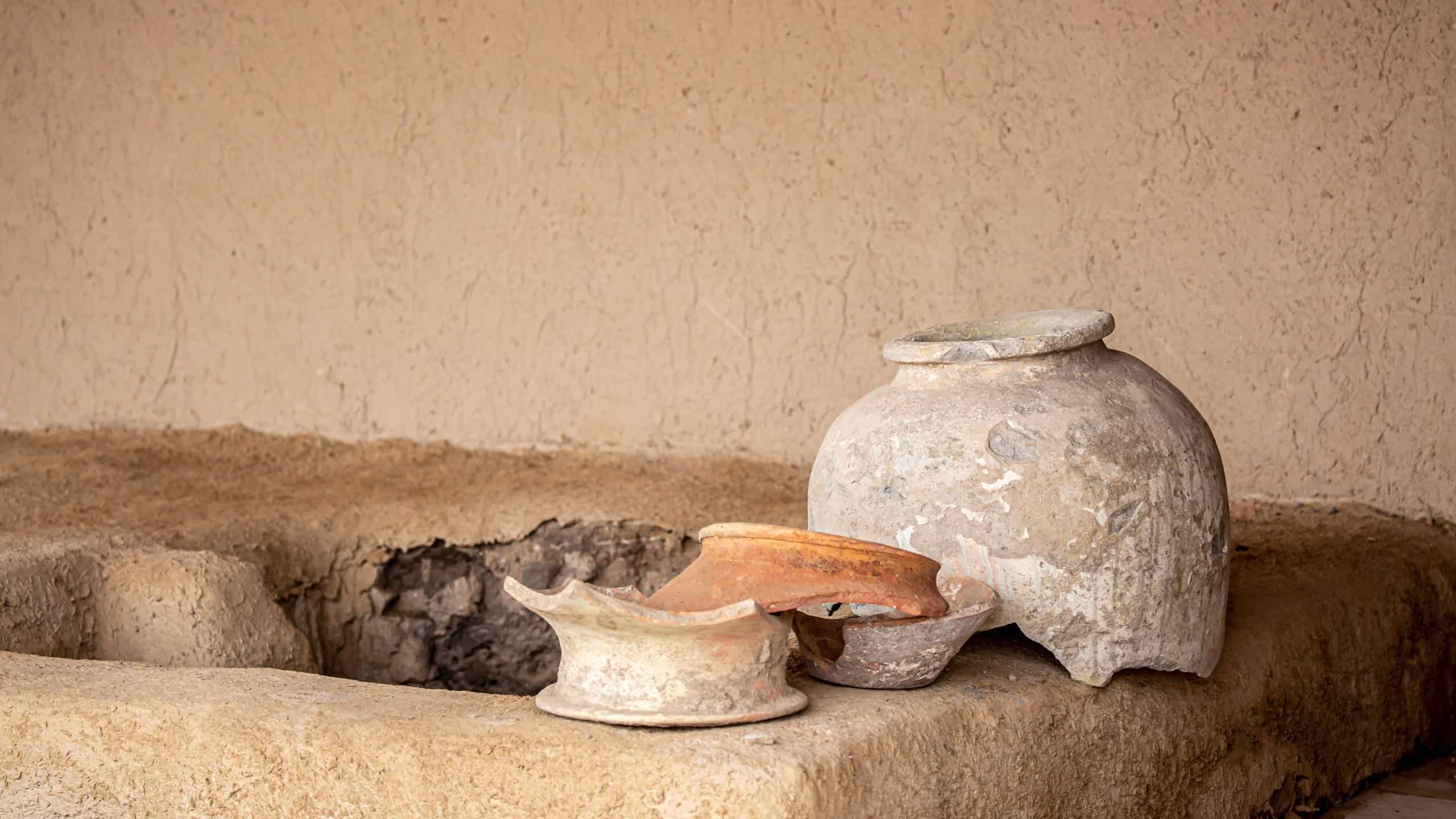 Ancient earthenware jugs, asia vintage utensils. Unglazed Amphorae and jars of large size.