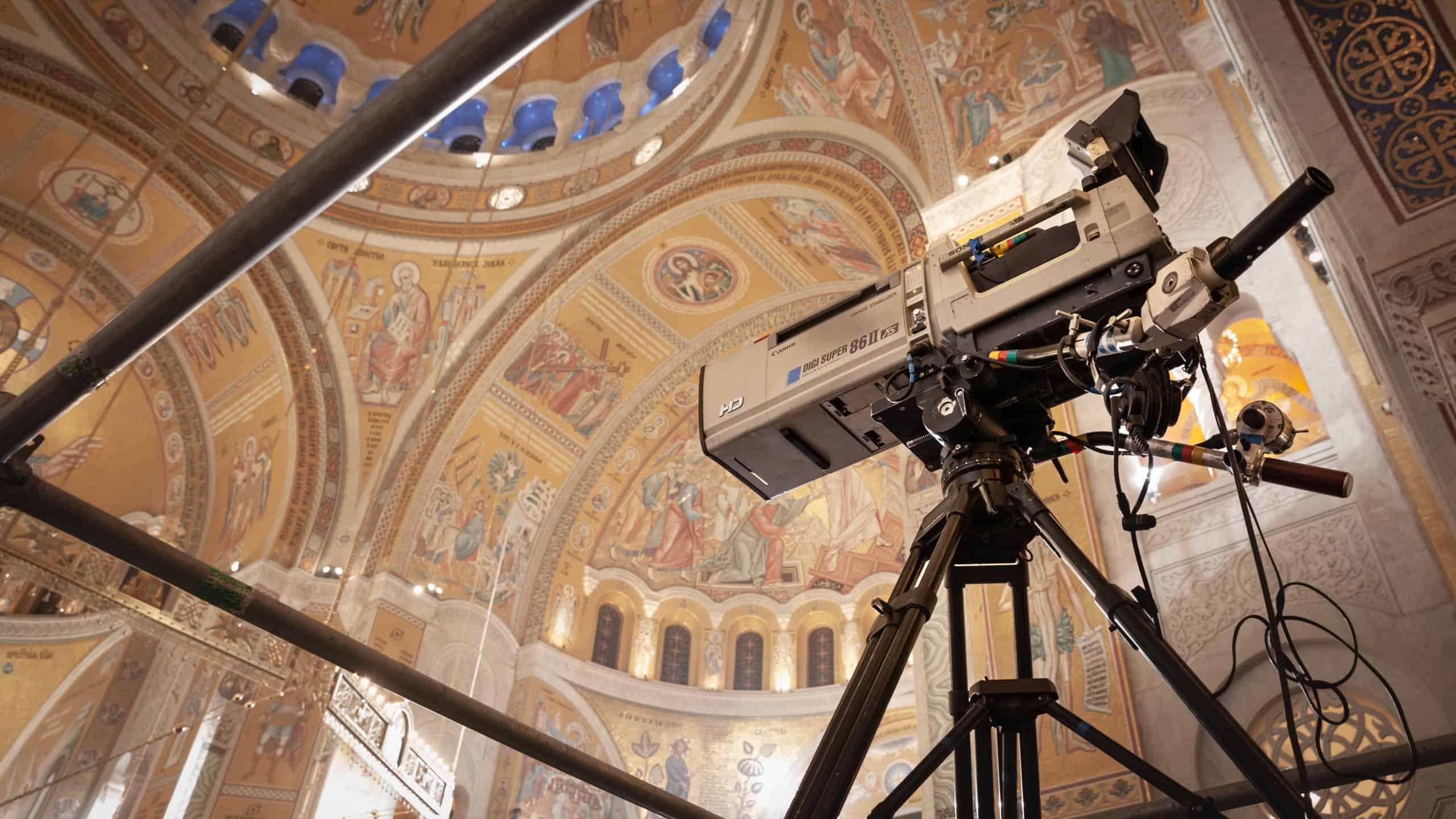 Selective blur on a Canon Digi Super broadcasting camera belonging to the Serbian TV ready for live coverage in the Hram Svetog Save Saint Sava Orthodox Church