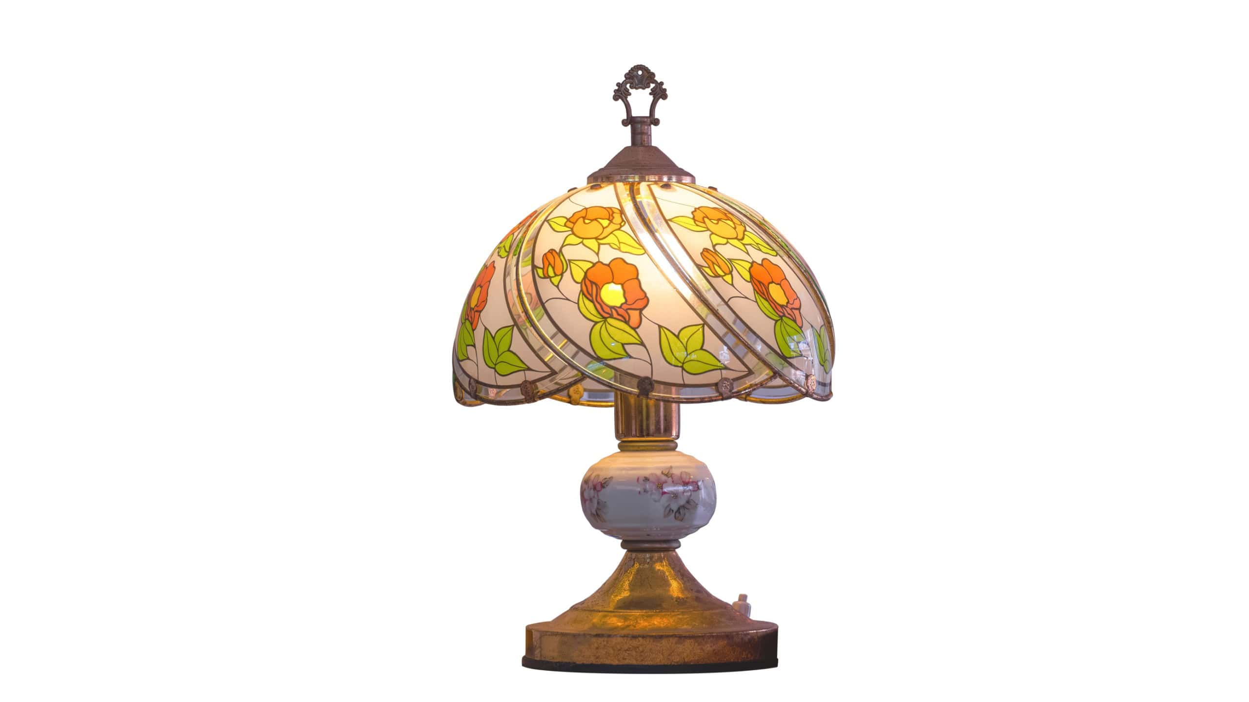 The Old Tiffany Stained Glass Table Lamp in Vintage Retro Style with Floral Pattern Decorative Isolated on White Background with Clipping path, Home Interior Furniture Design