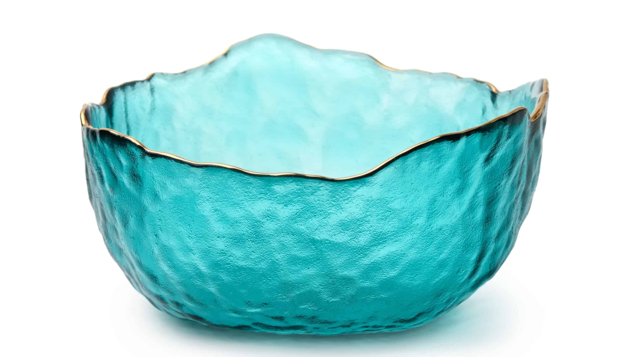 Front view of empty decorative green rough glass bowl isolated on white