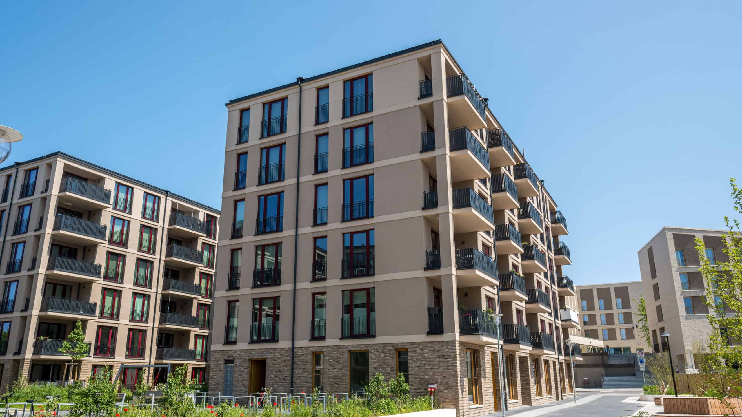 Modern apartment buildings in a housing development area