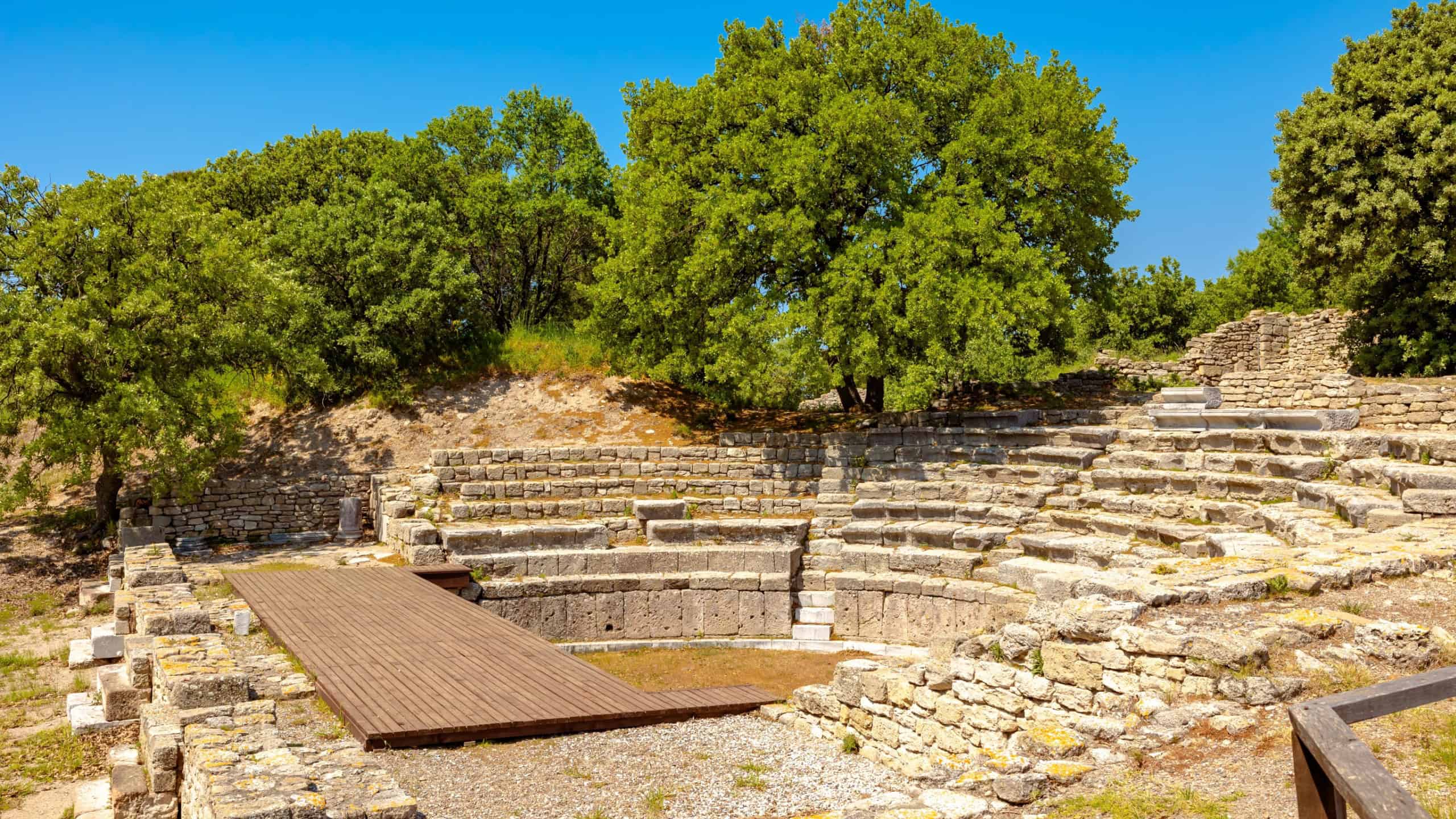 Ruins of odeon in Troy ancient city in Canakkale Turkiye. Roman era of Troy city.