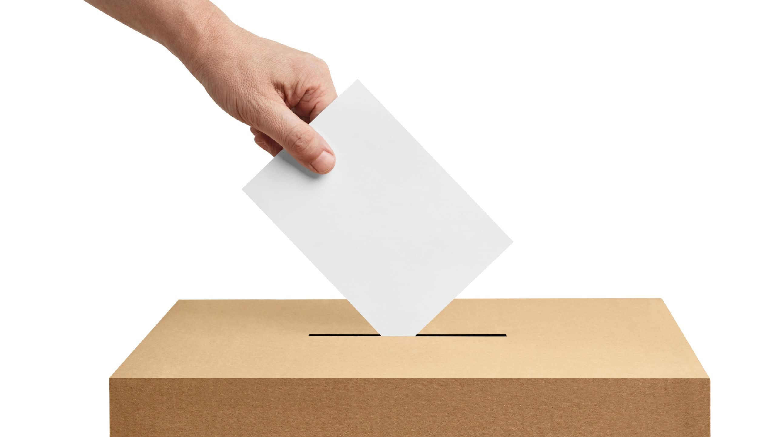 close up of a ballot box and casting vote on white background