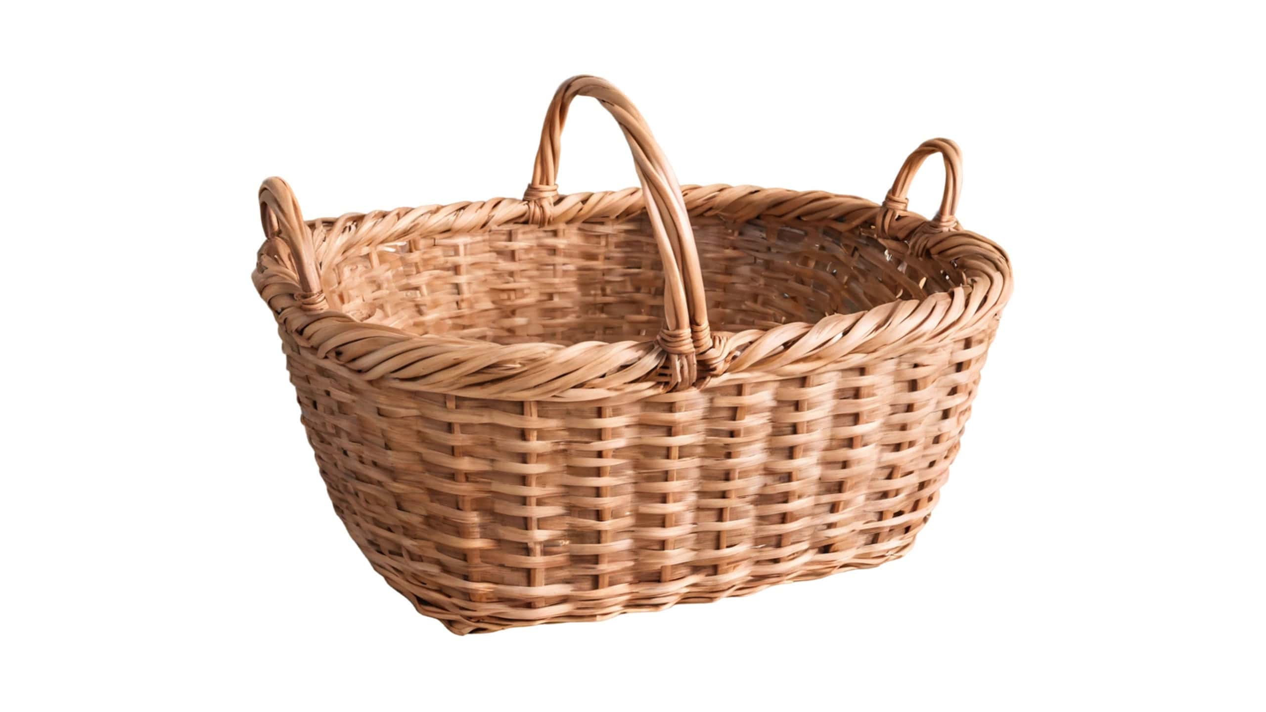 Closeup big square empty wicker basket isolated on white background