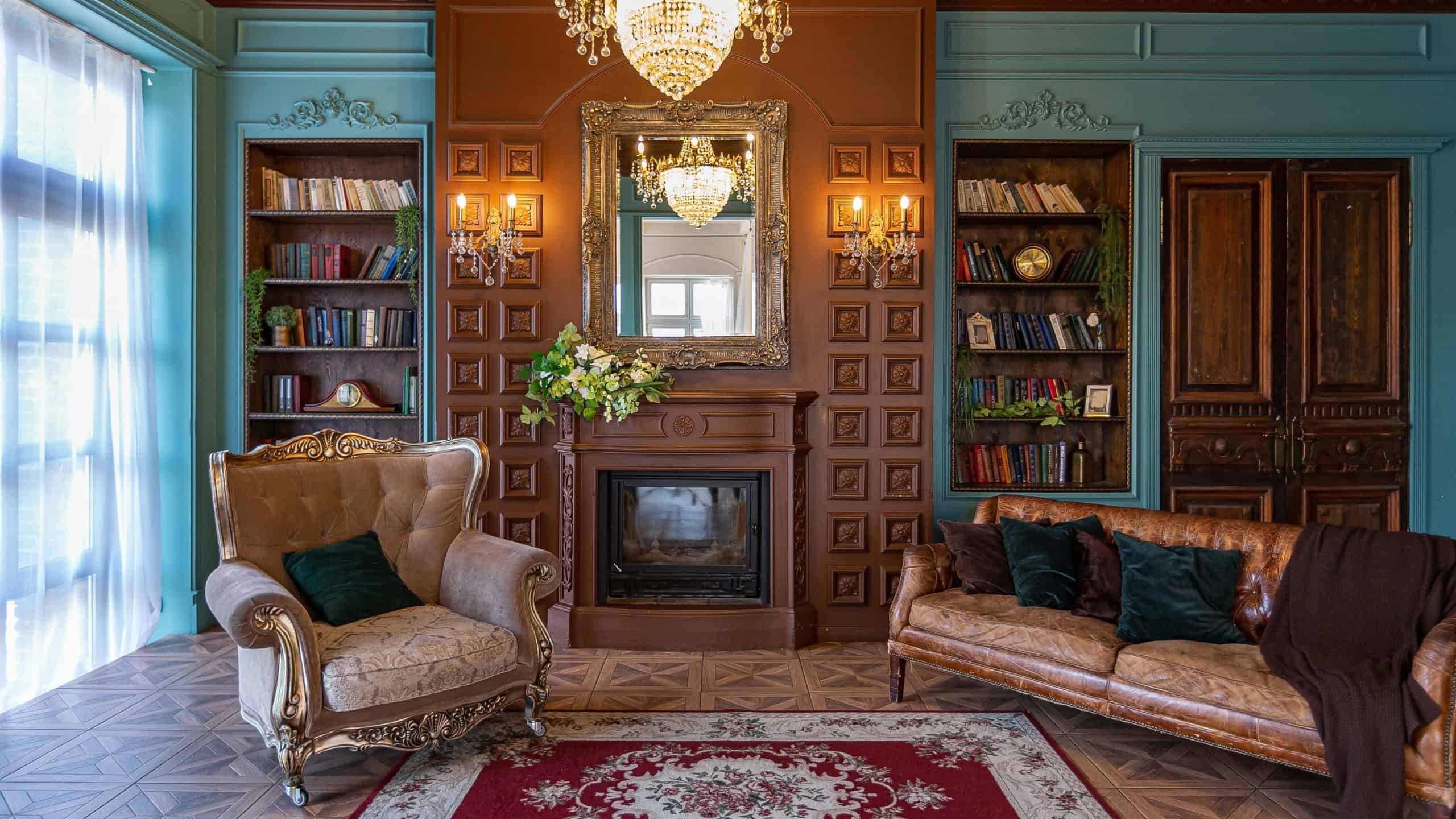Luxury interior of home library. Sitting room with elegant furniture