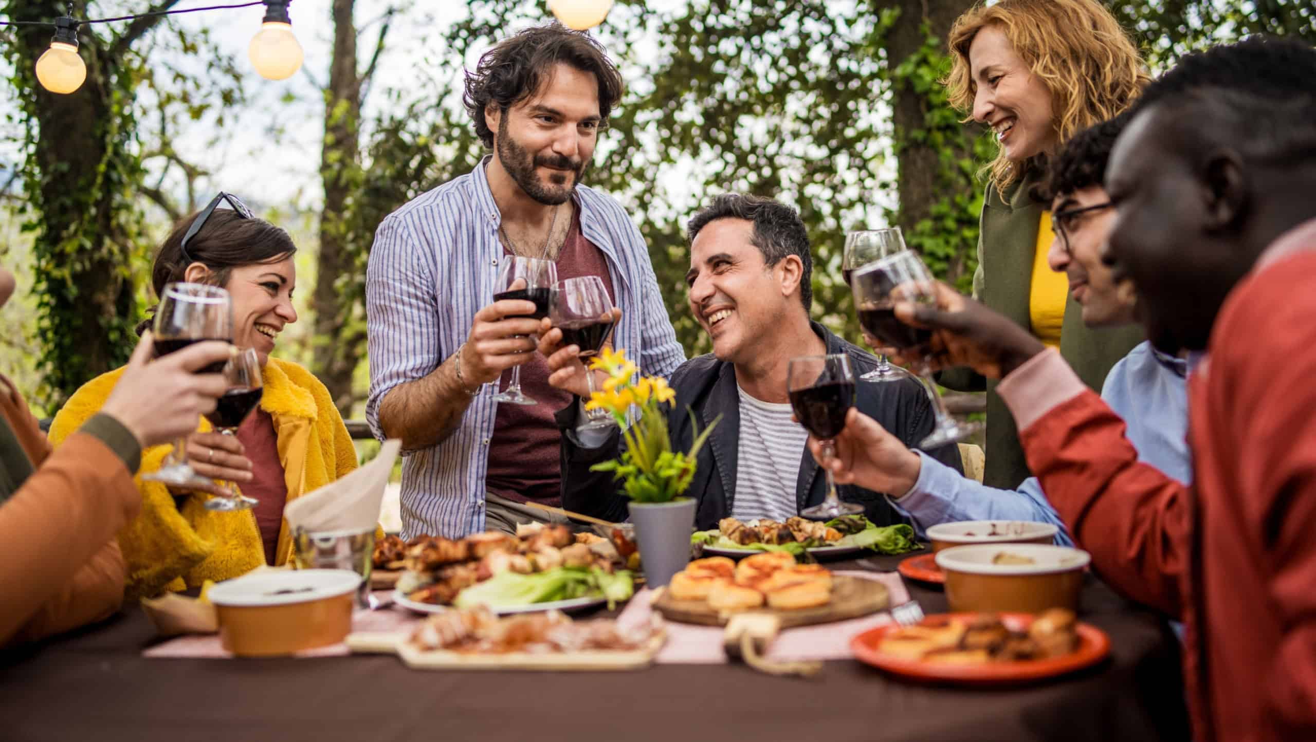 Cheerful diverse group celebrating with wine toast at alfresco dinner. Multicultural friends gathered around table with appetizers, enjoying outdoor meal in garden setting.