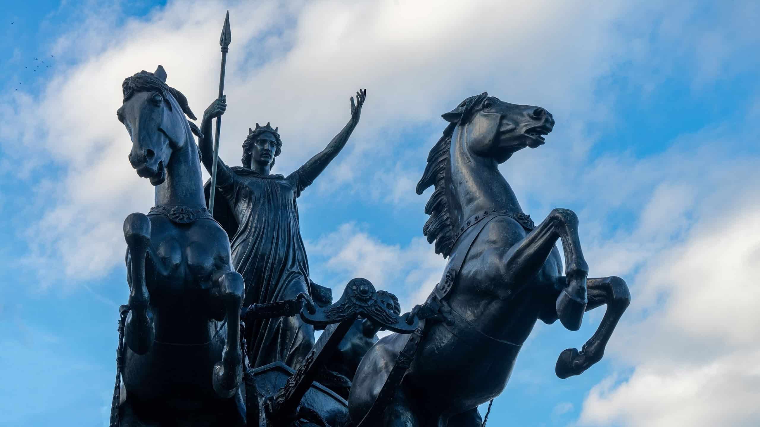 oudicca and Her daughters, a bronze sculptural group representing her, the Queen of the Celtic Iceni tribe who led an uprising in Roman Britain in CE 61