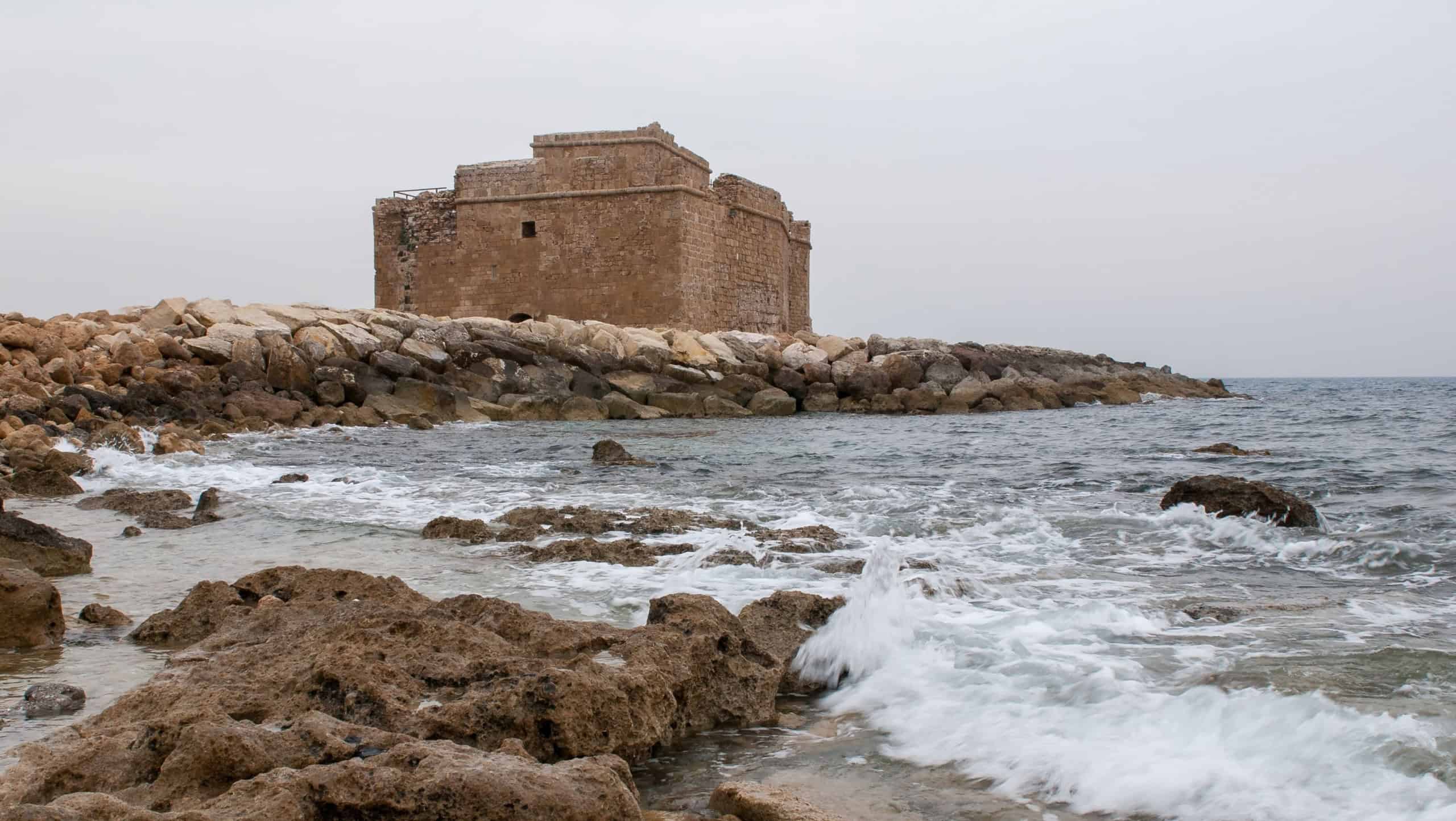 Paphos castle at down. Coastal ancient historic castle landmark at Paphos harbor Cyprus