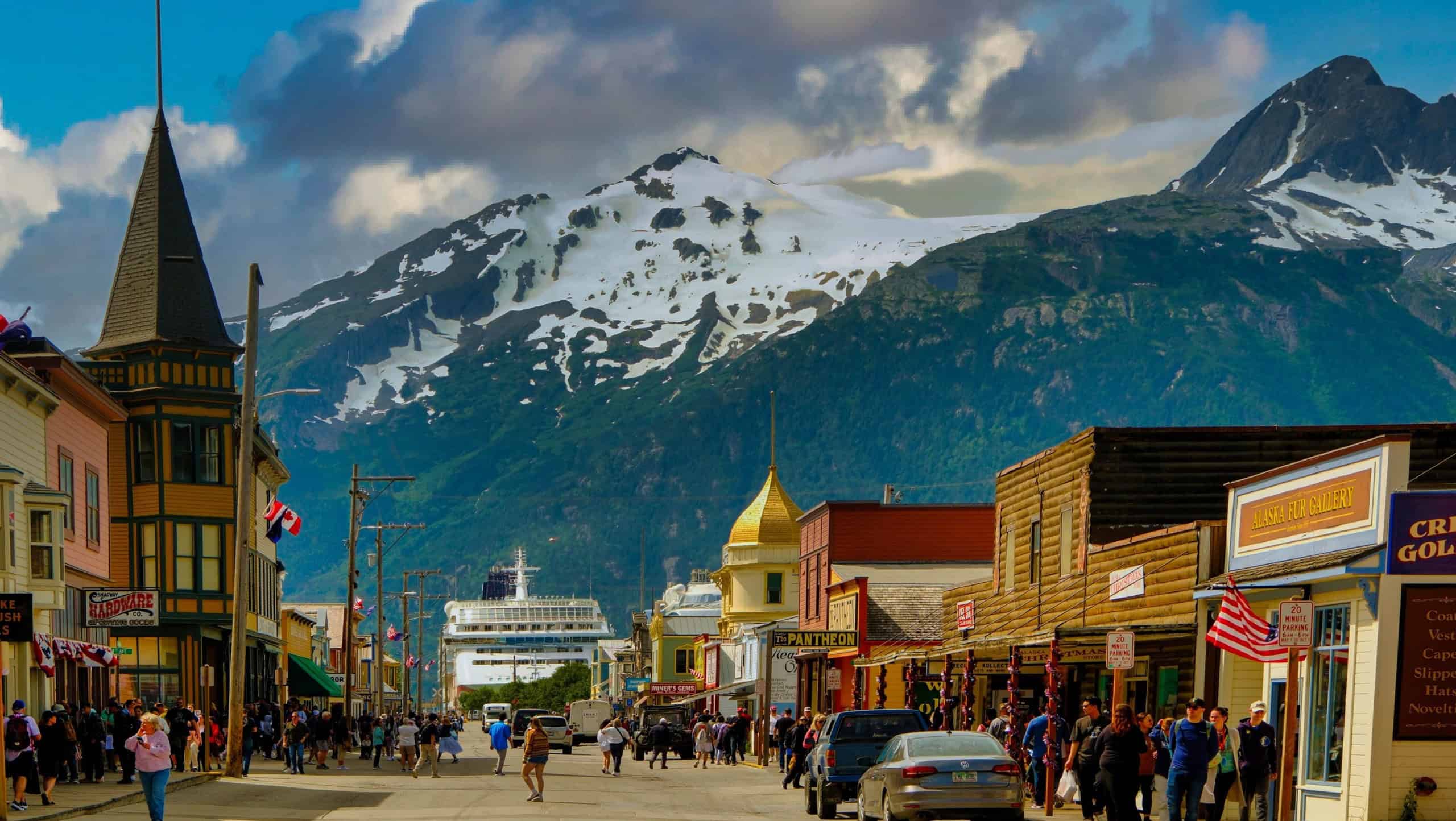 SKAGWAY, ALASKA - July 9, 2023: Skagway is a borough in Alaska with a full time population of about 1,000 people. During the summer, cruise ships bring in more than 900,000 visitors.