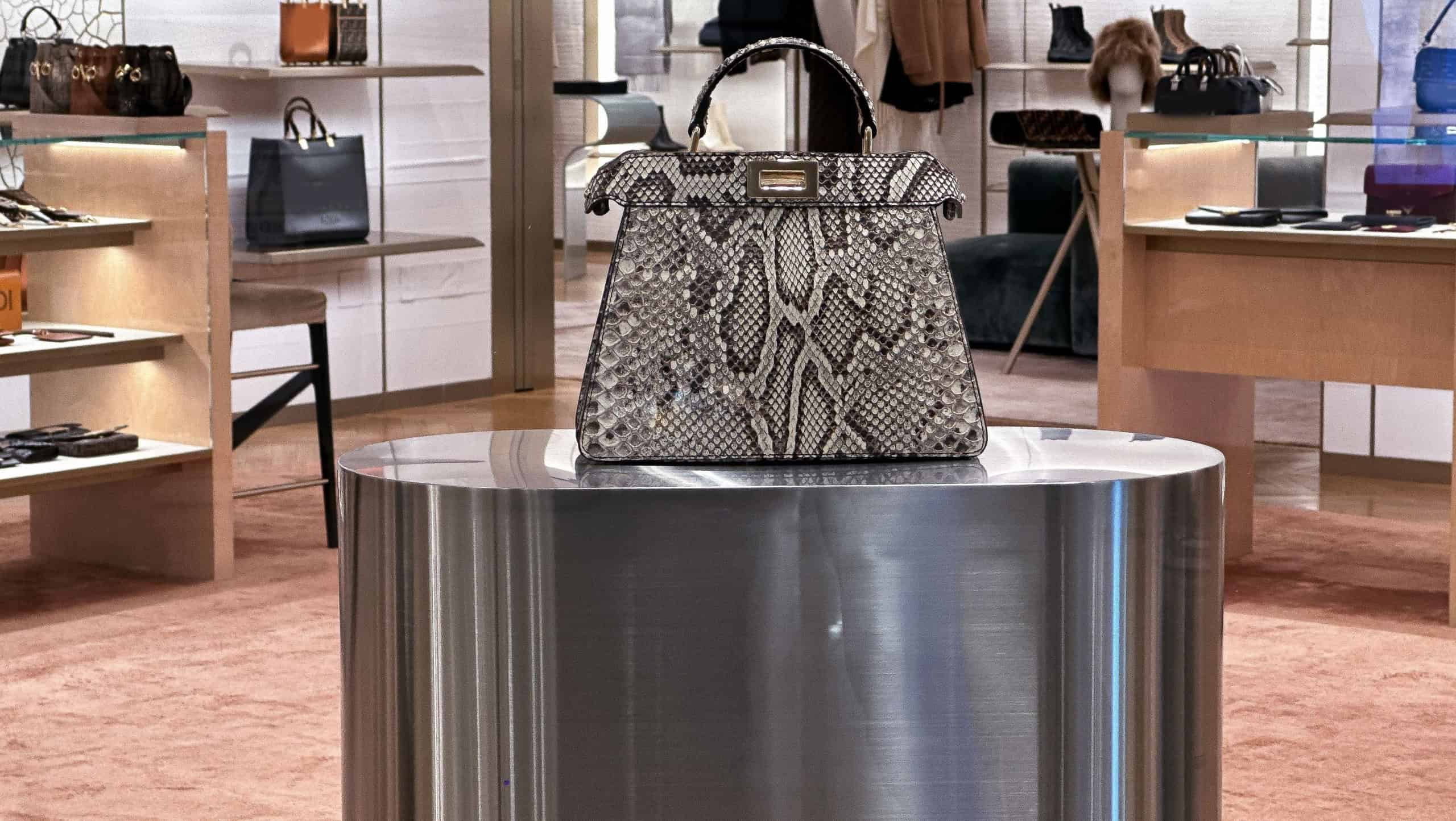 Shop window with fashion female Snake Skin Seamless Patterns handbags