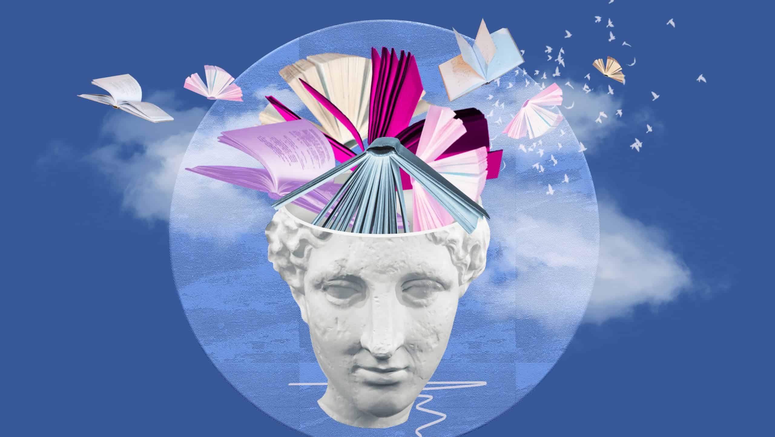Abstract human antique statue and books. Creative idea symbol, art design or collage. Mental Health, thinking, psychology, education, intellectual development concept