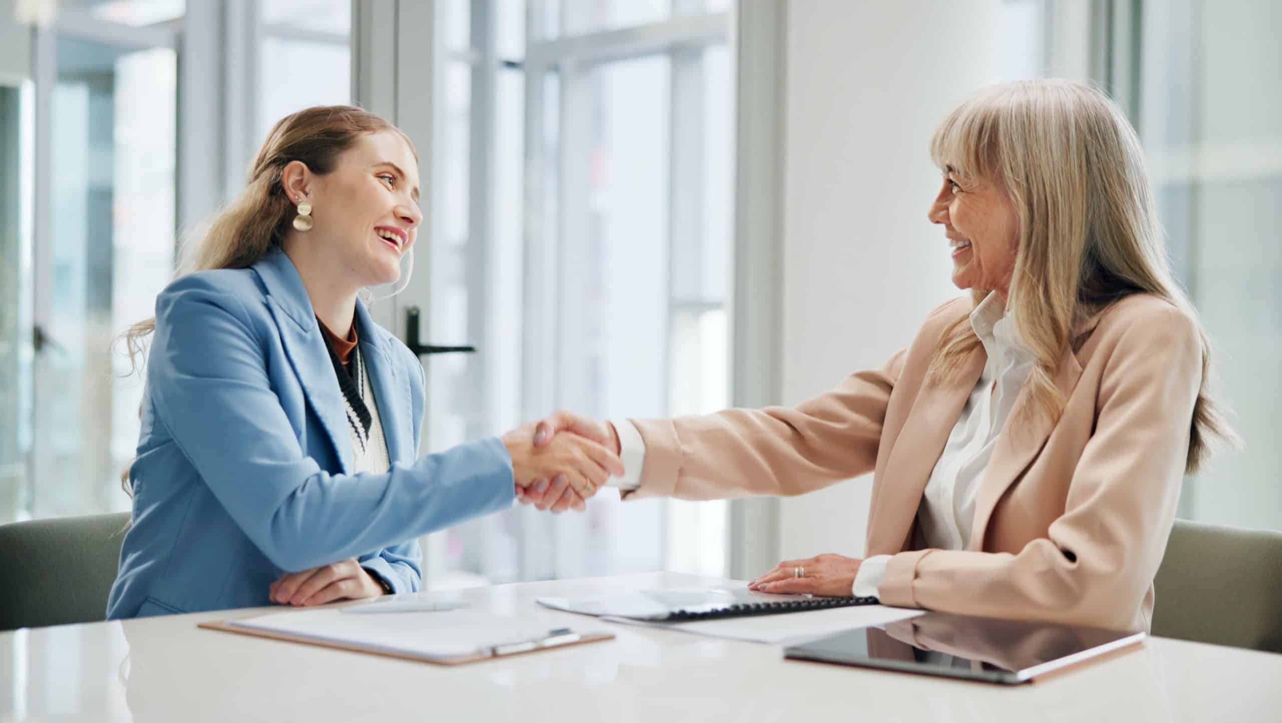Employees, handshake and contract agreement, job hiring and hr manager for recruitment. Business people, thank you and welcome to company in office, agreement and support in onboarding opportunity