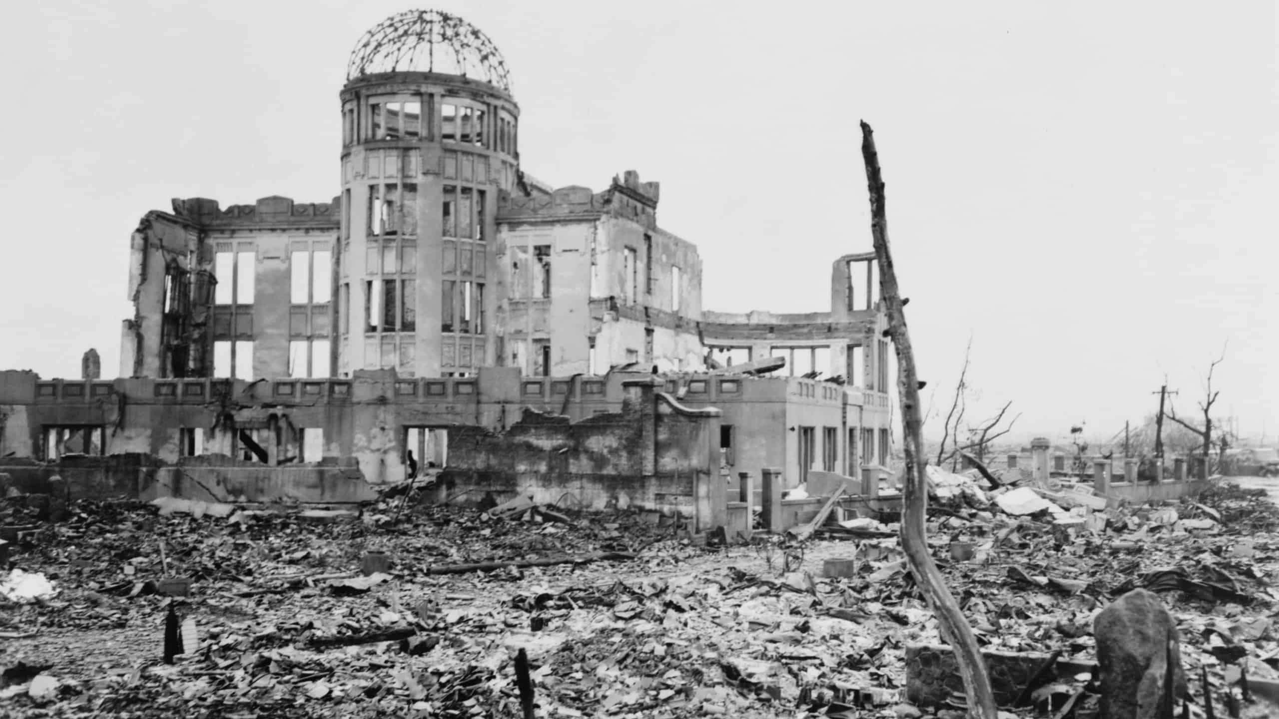 Wrecked framework of the Museum of Science and Industry in Hiroshima, Japan. This is how it appeared shortly after the dropping of the first atomic bomb, on August 6, 1945.