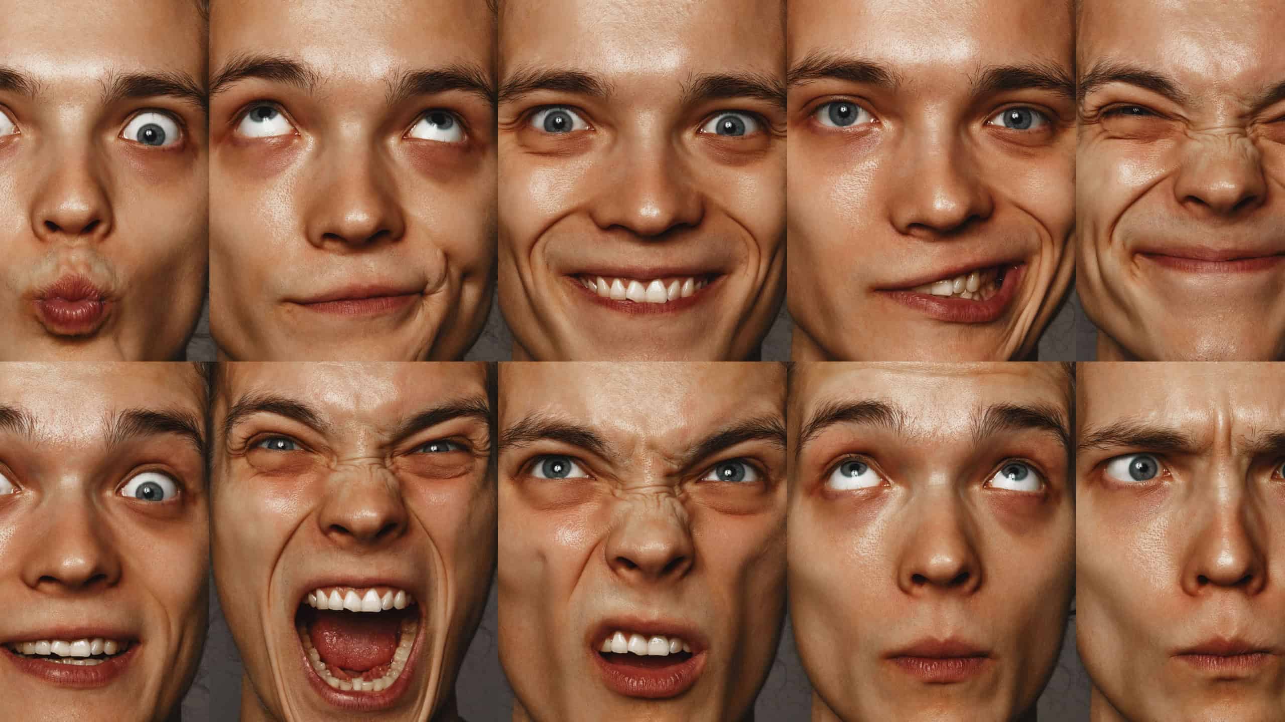 Collage. Young man displaying a wide variety of exaggerated facial expressions, from excitement to anger and confusion. Concept of human emotions, diversity, facial expression, mental health