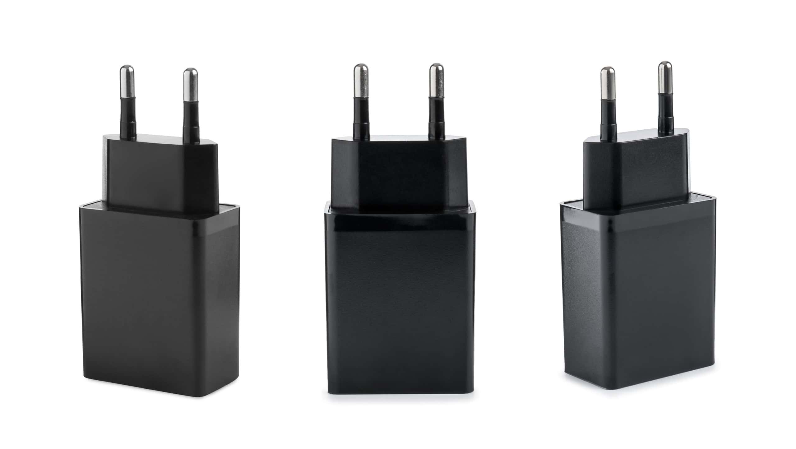 USB power adapter (charger) isolated on white, set