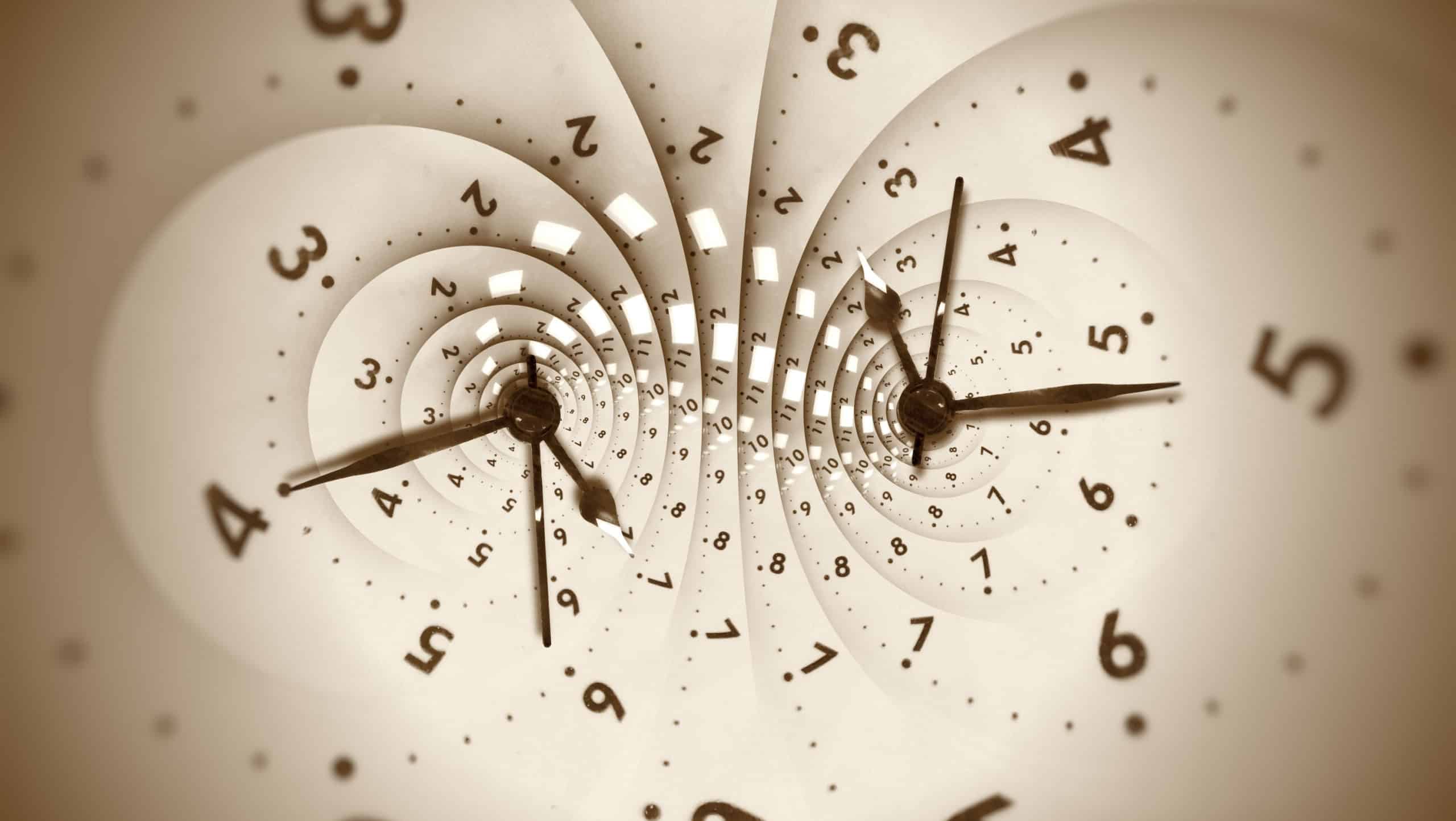 Vintage retro white spiral clock dial with arabic numerals. Concept of Infinite time, deadline, scheduling, time and space, past, present and future.
