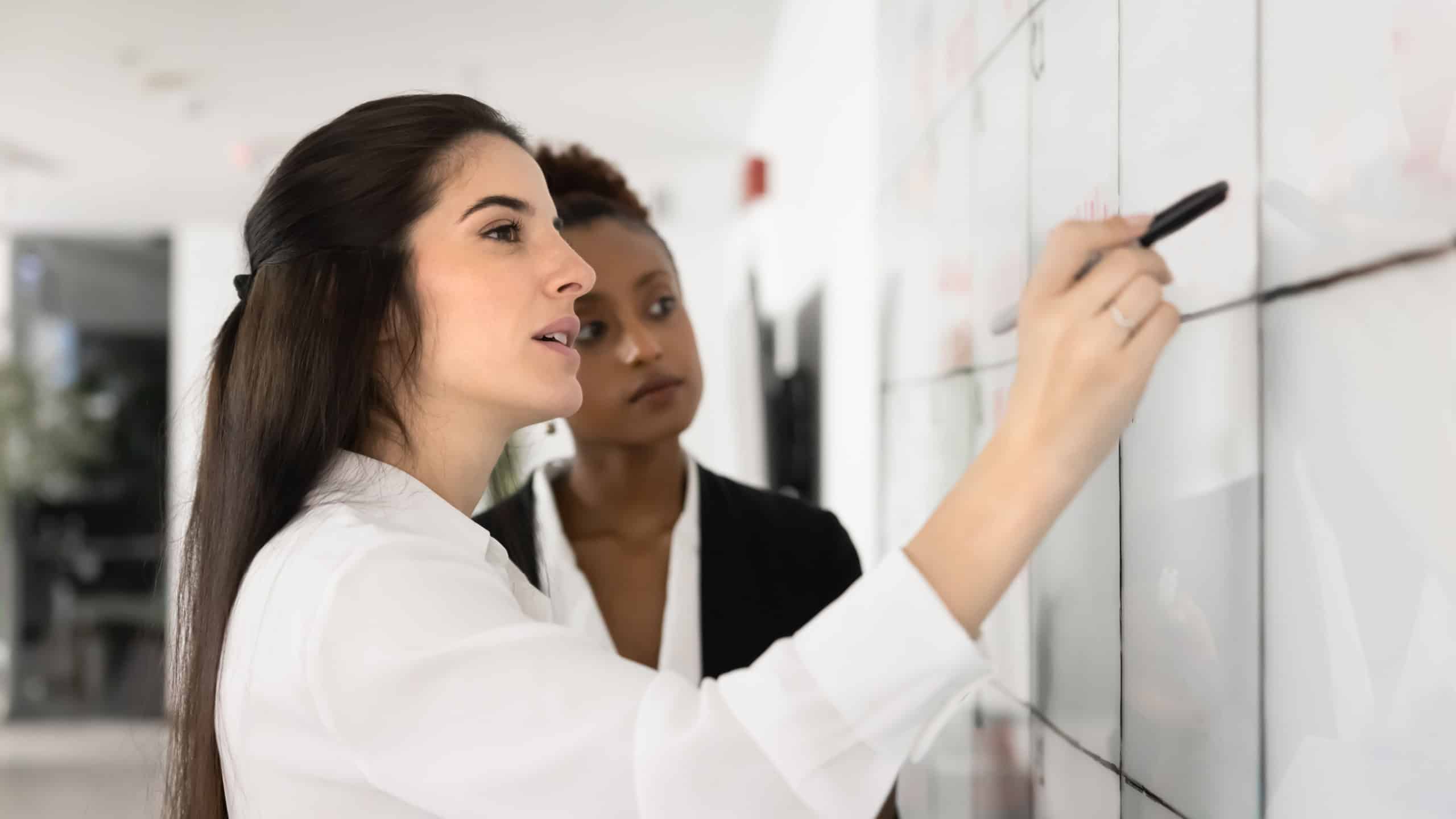 Two multiracial young women colleagues working together on joint project, writing main topics standing next to white board, organize workday, create to-do list for effective workflow in modern office