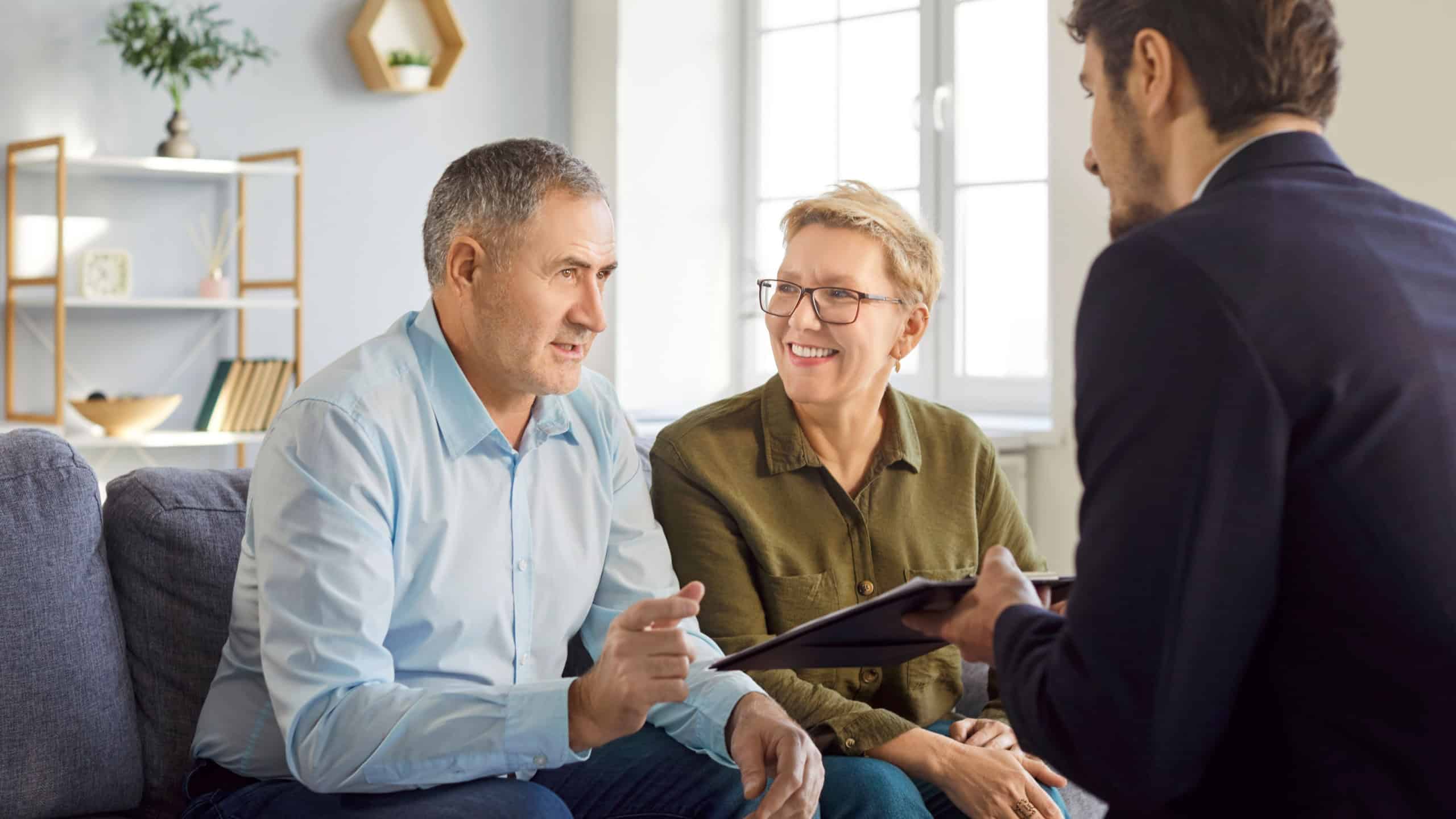 Senior couple, family buyers or sellers visiting realtor, agent, discussing insurance agreement, real estate contract, adult elderly meeting with lawyer, solicitor, broker common deal, help, advice