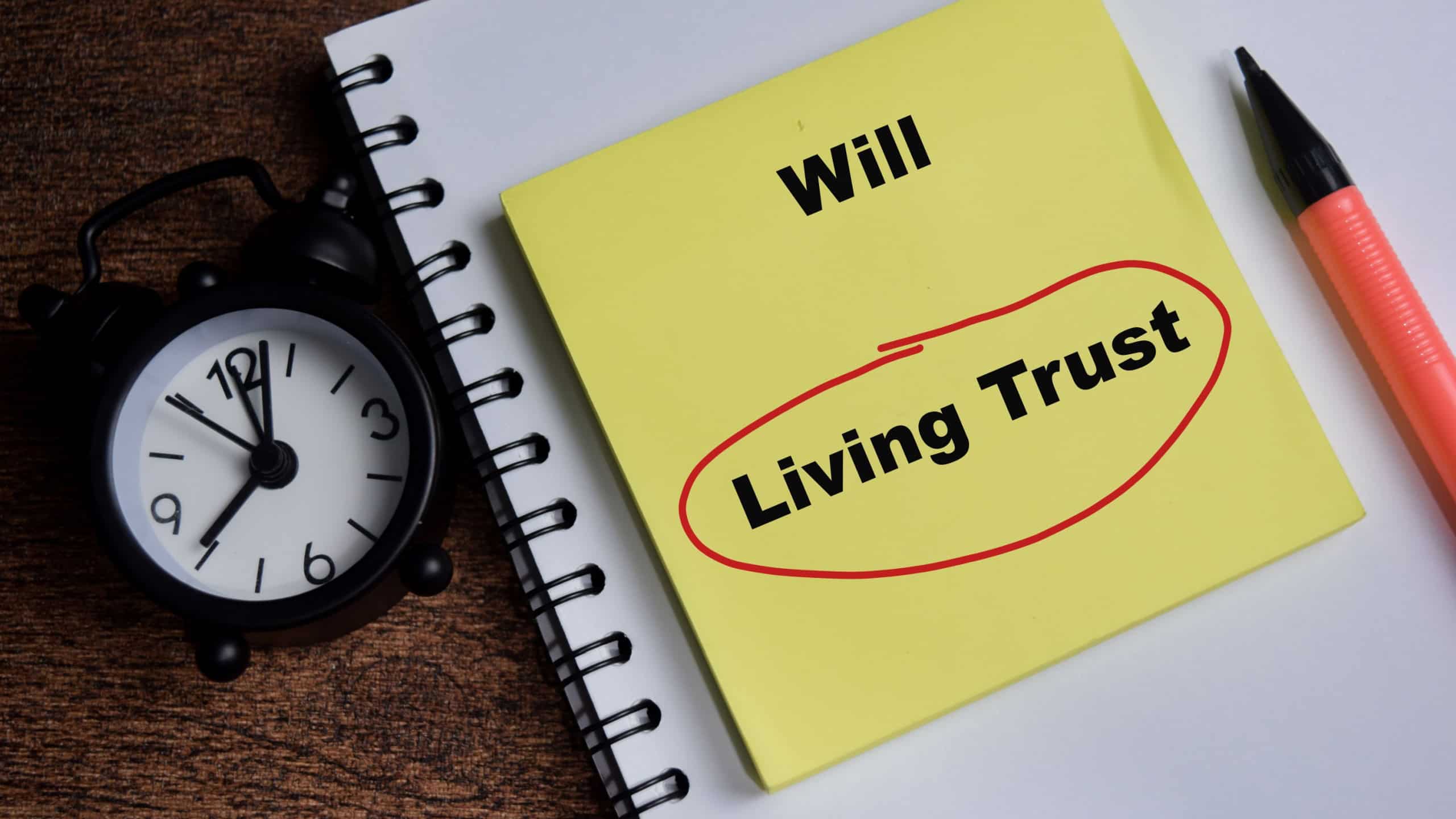 Concept of will or living trust write on sticky notes isolated on Wooden Table.