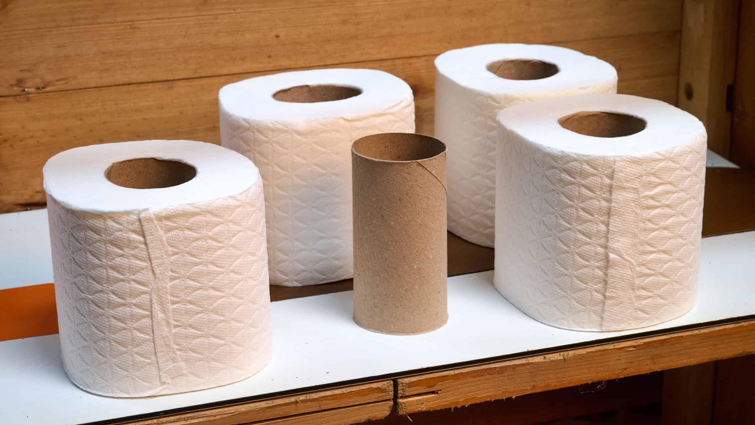 White toilet paper rolls on a wooden shelf