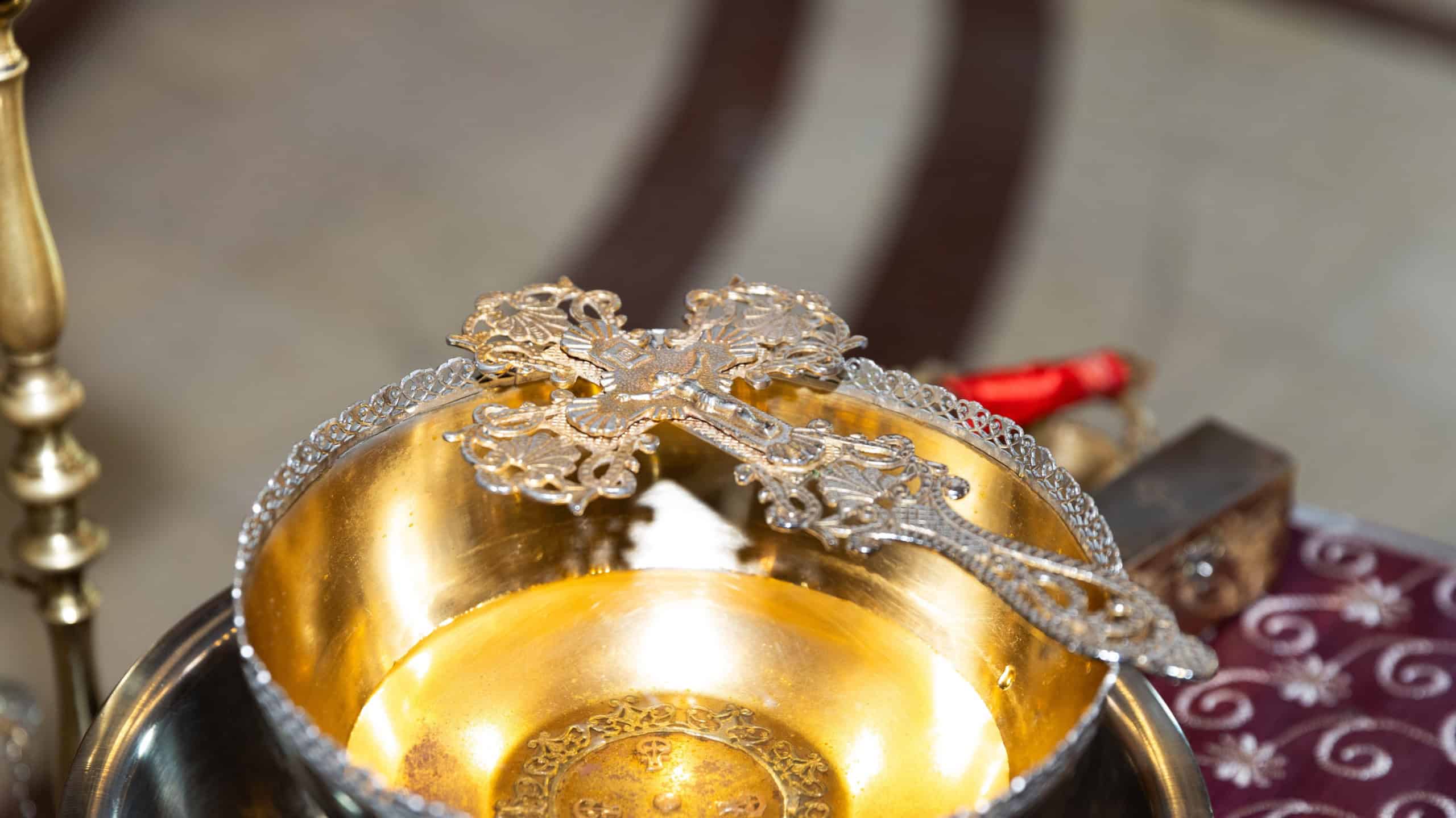 Golden Cross in Silver Bowl with Holy Water for Orthodox Baptism