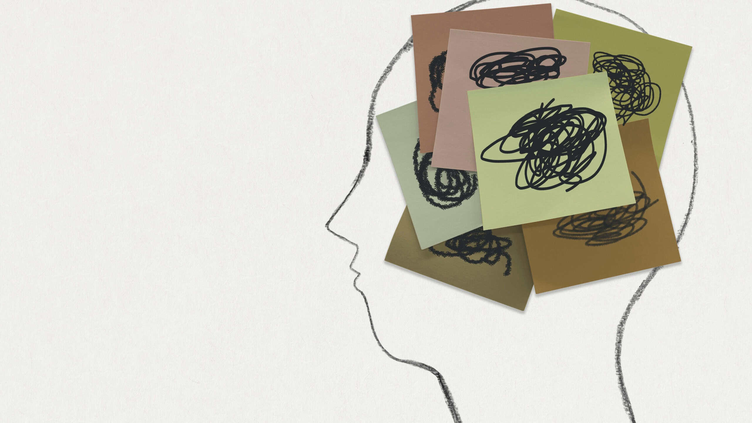 Sketch of human head with messy sticky notes covering the brain area, symbolizing confusion, stress, and mental clutter on a plain background.