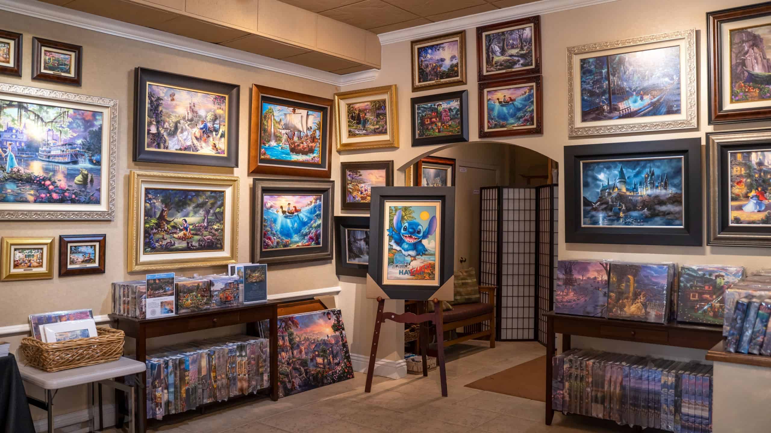Interior of Thomas Kinkade Gallery with Paintings on Display in Monterey